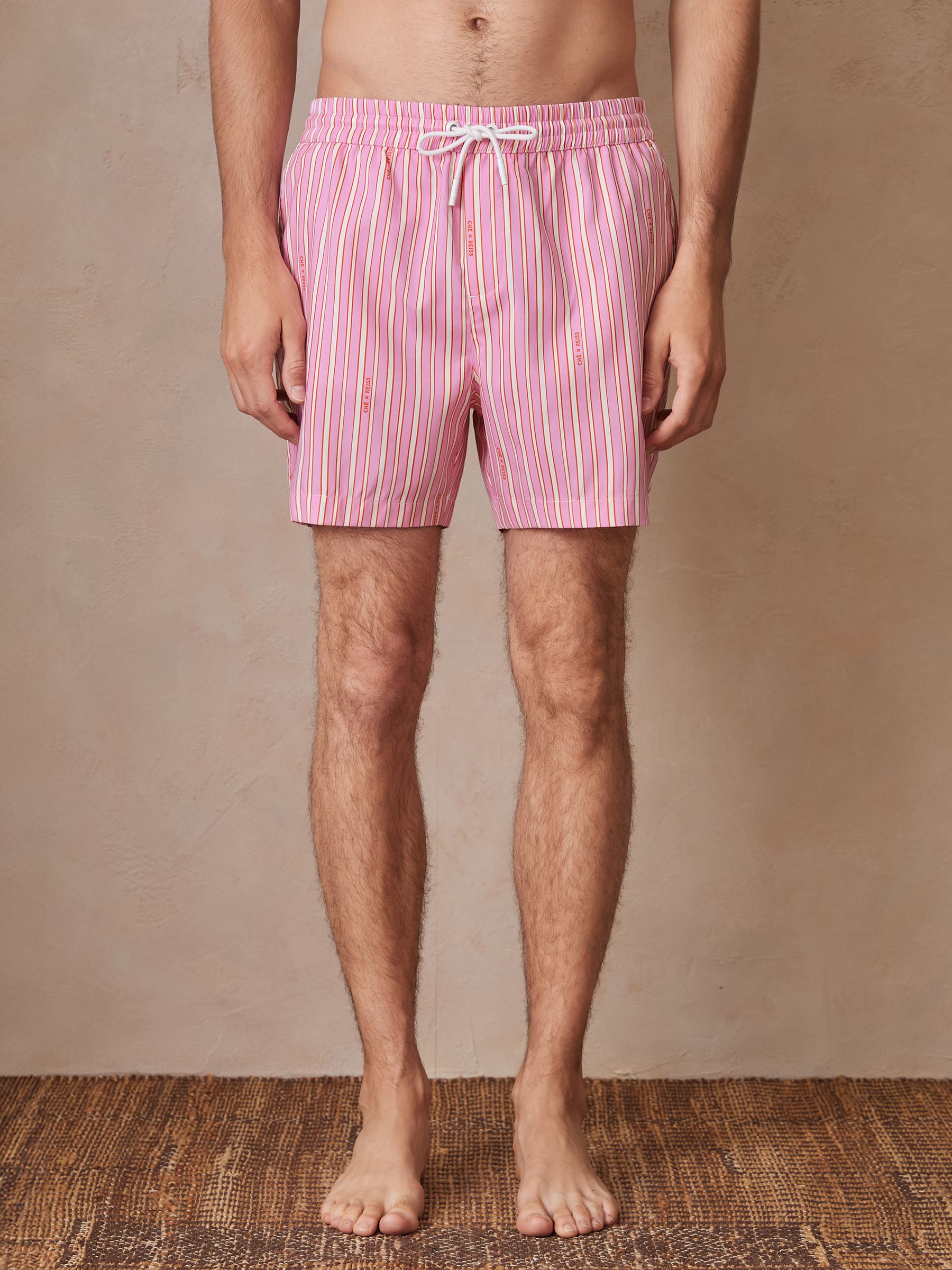 Reiss | Ché Stripe Swim Shorts in Pink/White