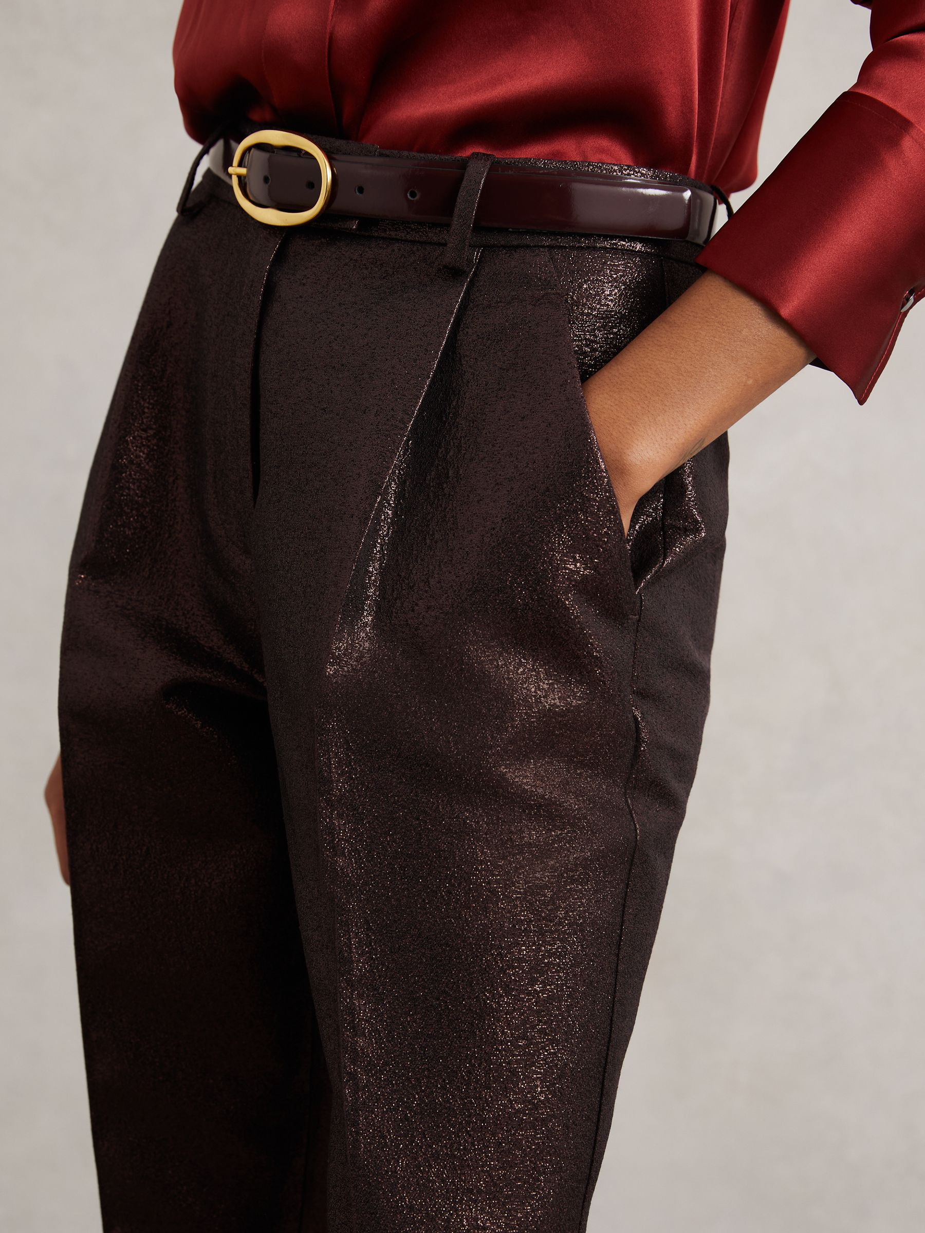 Petite Tapered Metallic Suit Trousers with Cotton in Burgundy
