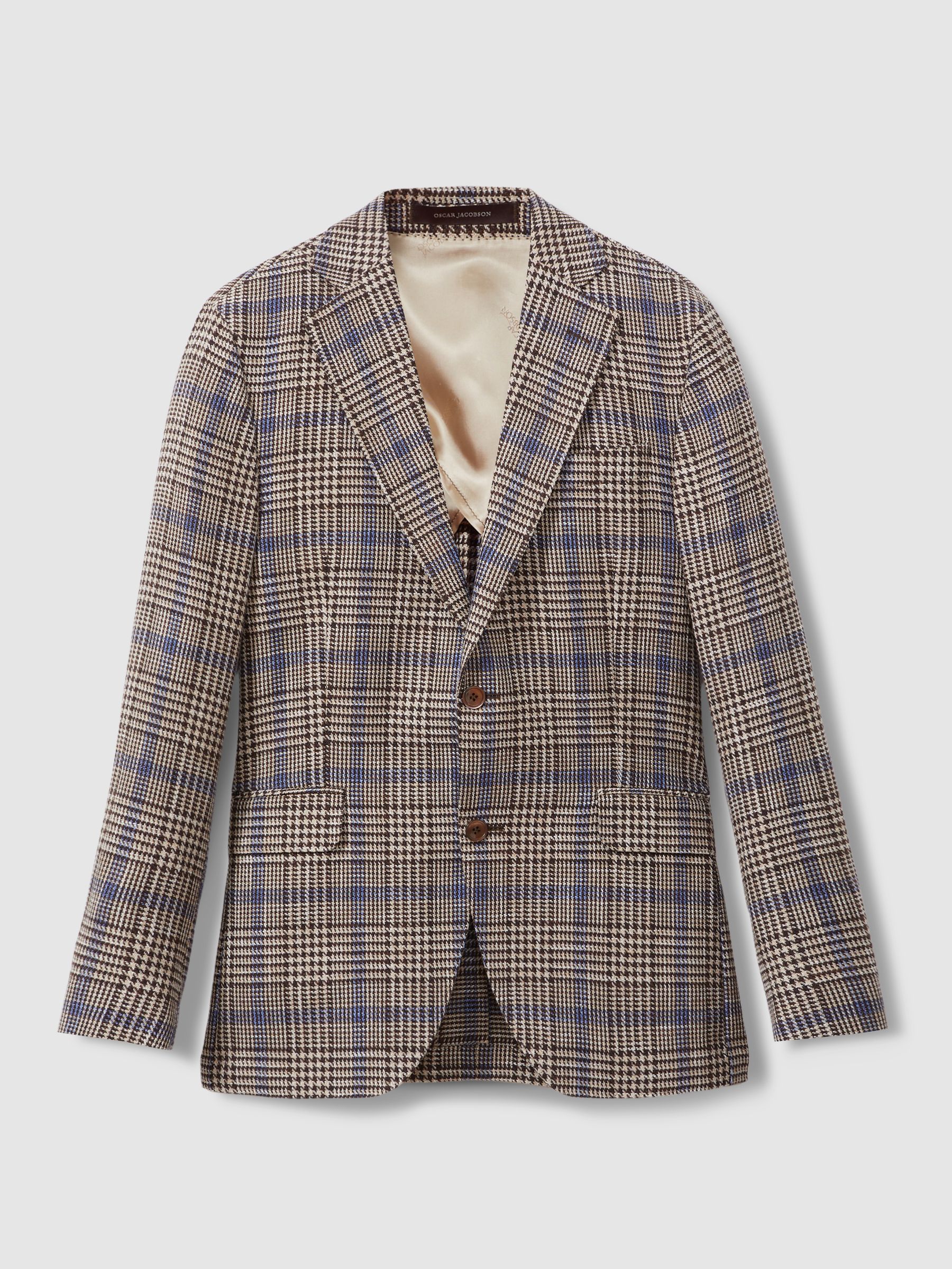 Oscar Jacobson Cotton Linen Single Breasted Check Blazer in Beige