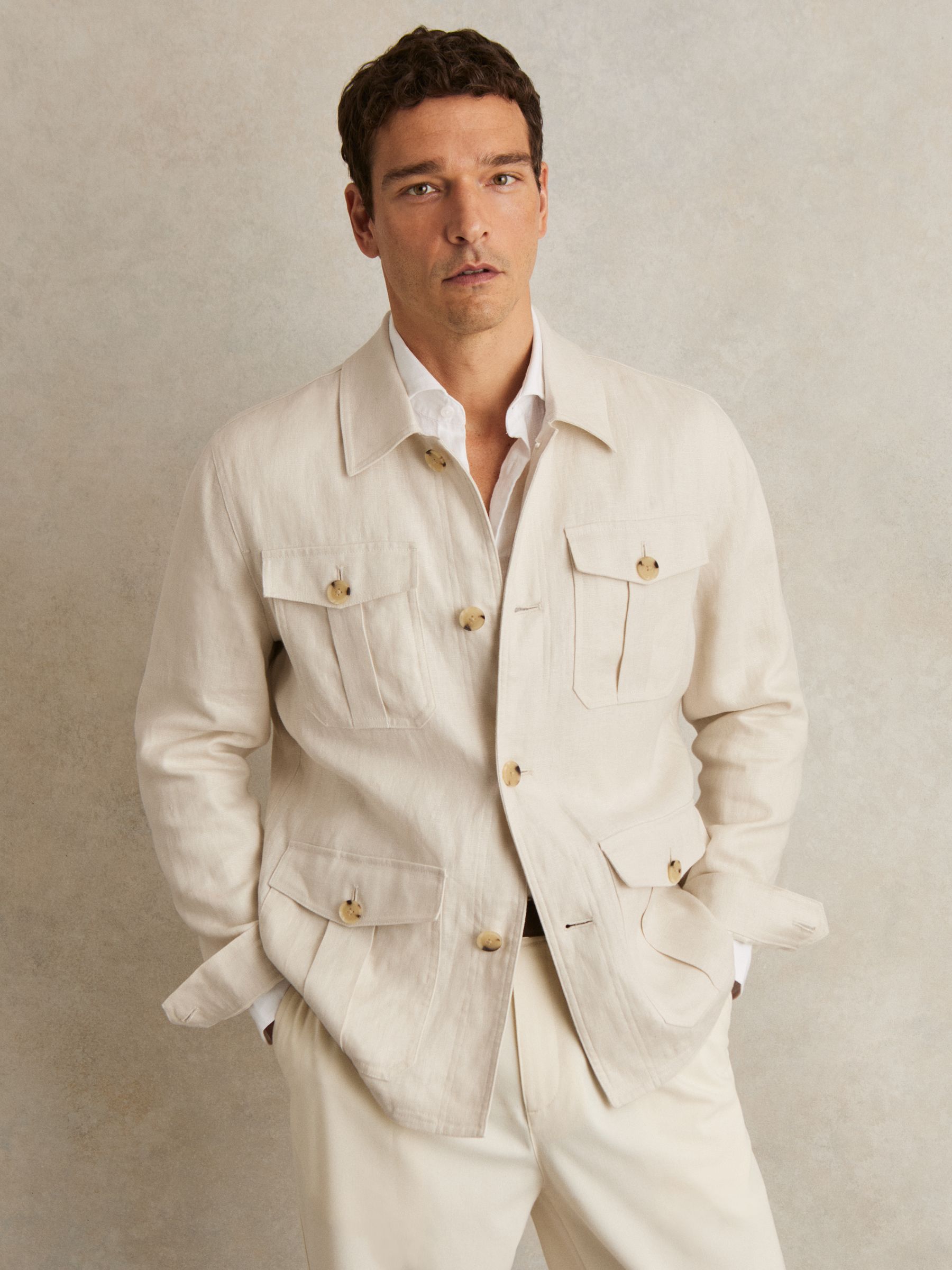 Linen Four-Pocket Safari Jacket in Off White