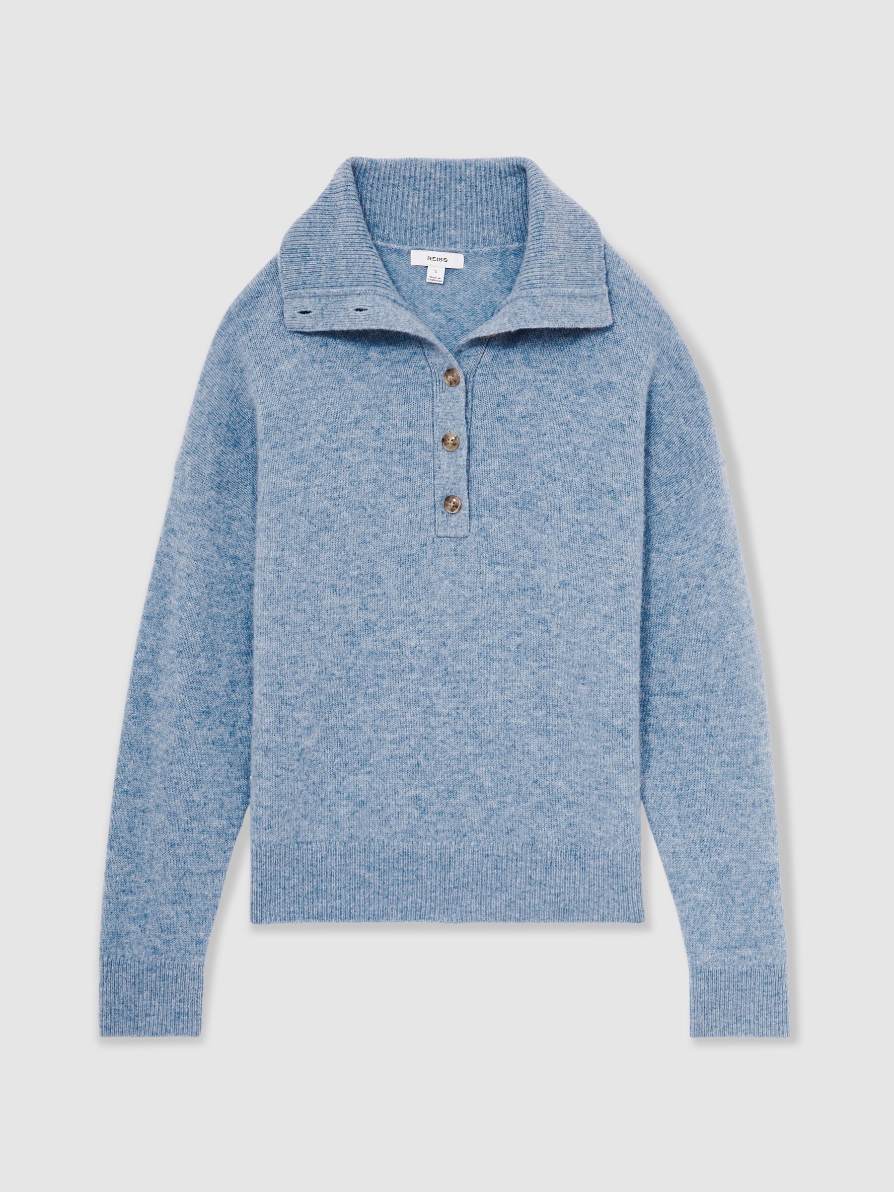 Wool-Cashmere Open-Neck Jumper in Blue