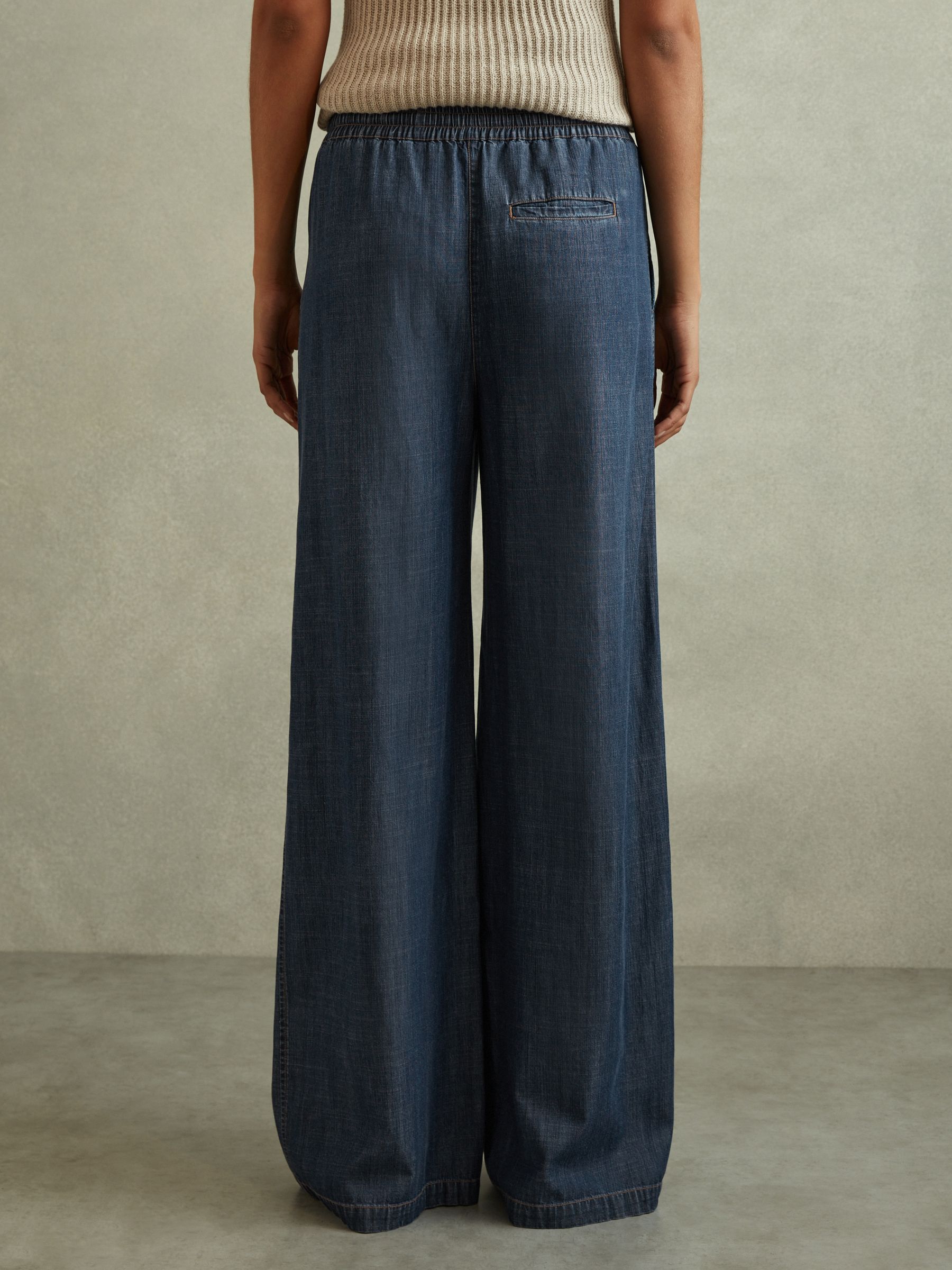 Denim Look Wide Leg Trousers in Mid Blue