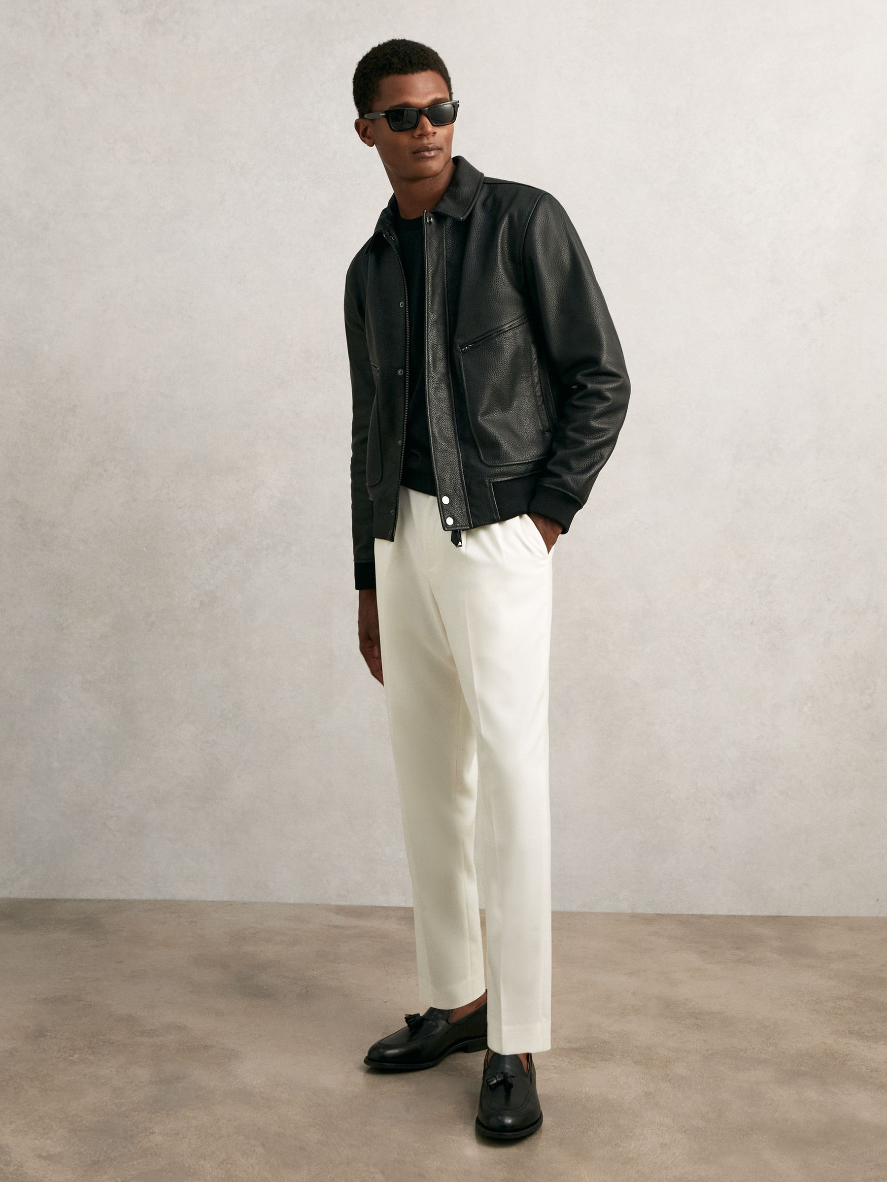 Grained Leather Zip Through Jacket in Black