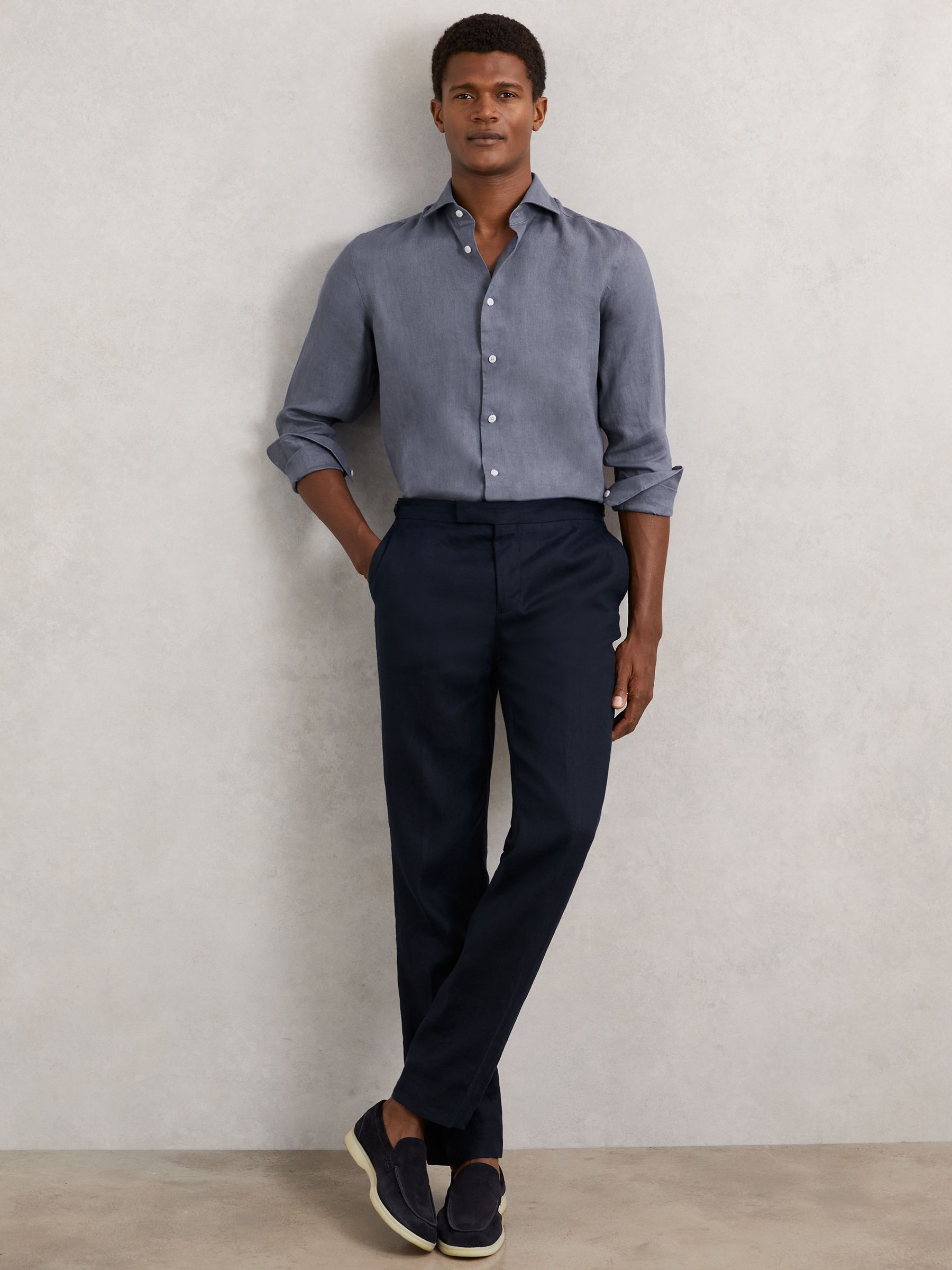 Linen Button-Through Shirt in Airforce Blue