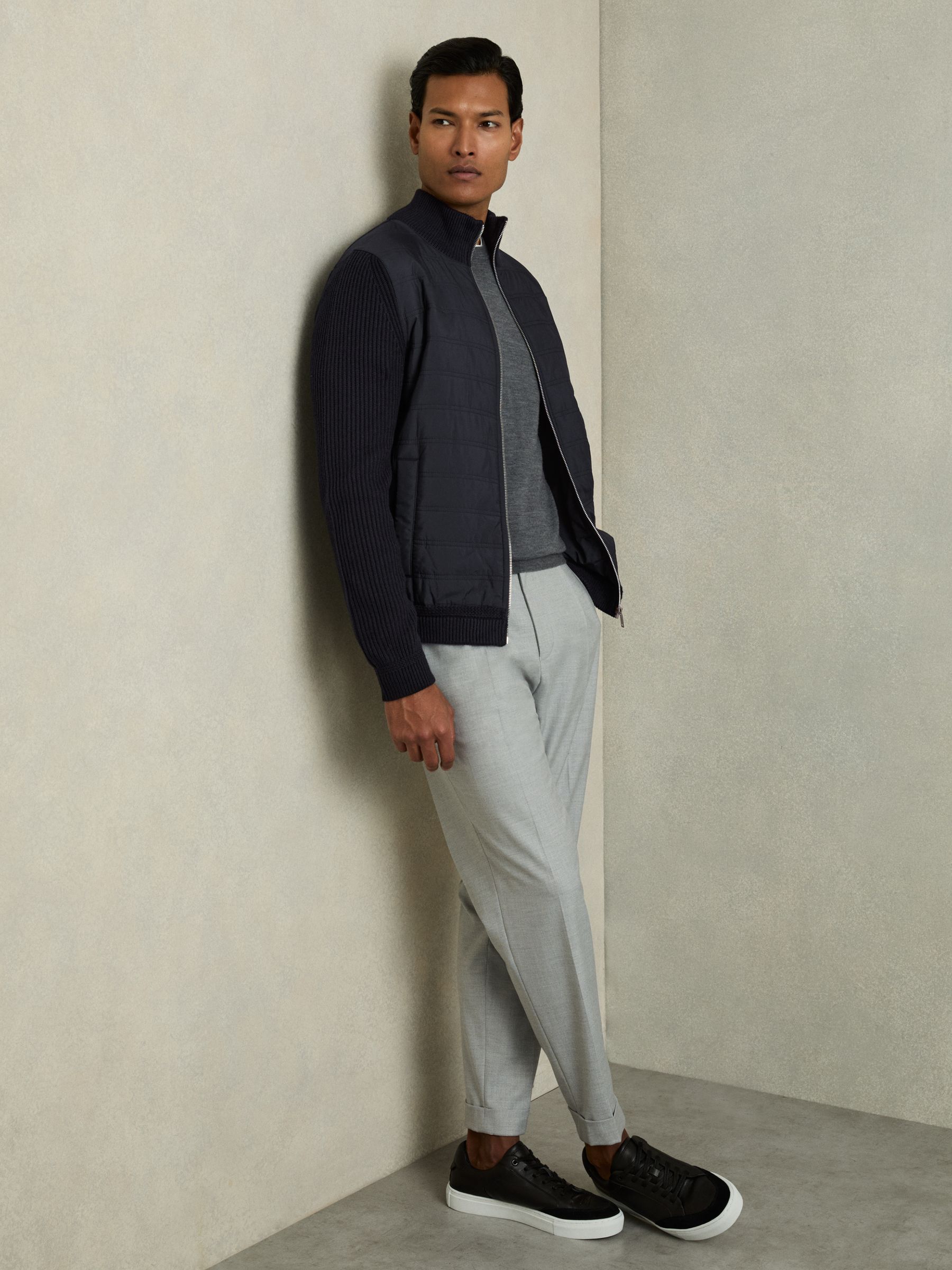 Hybrid Quilt and Knit Zip-Through Jacket in Navy