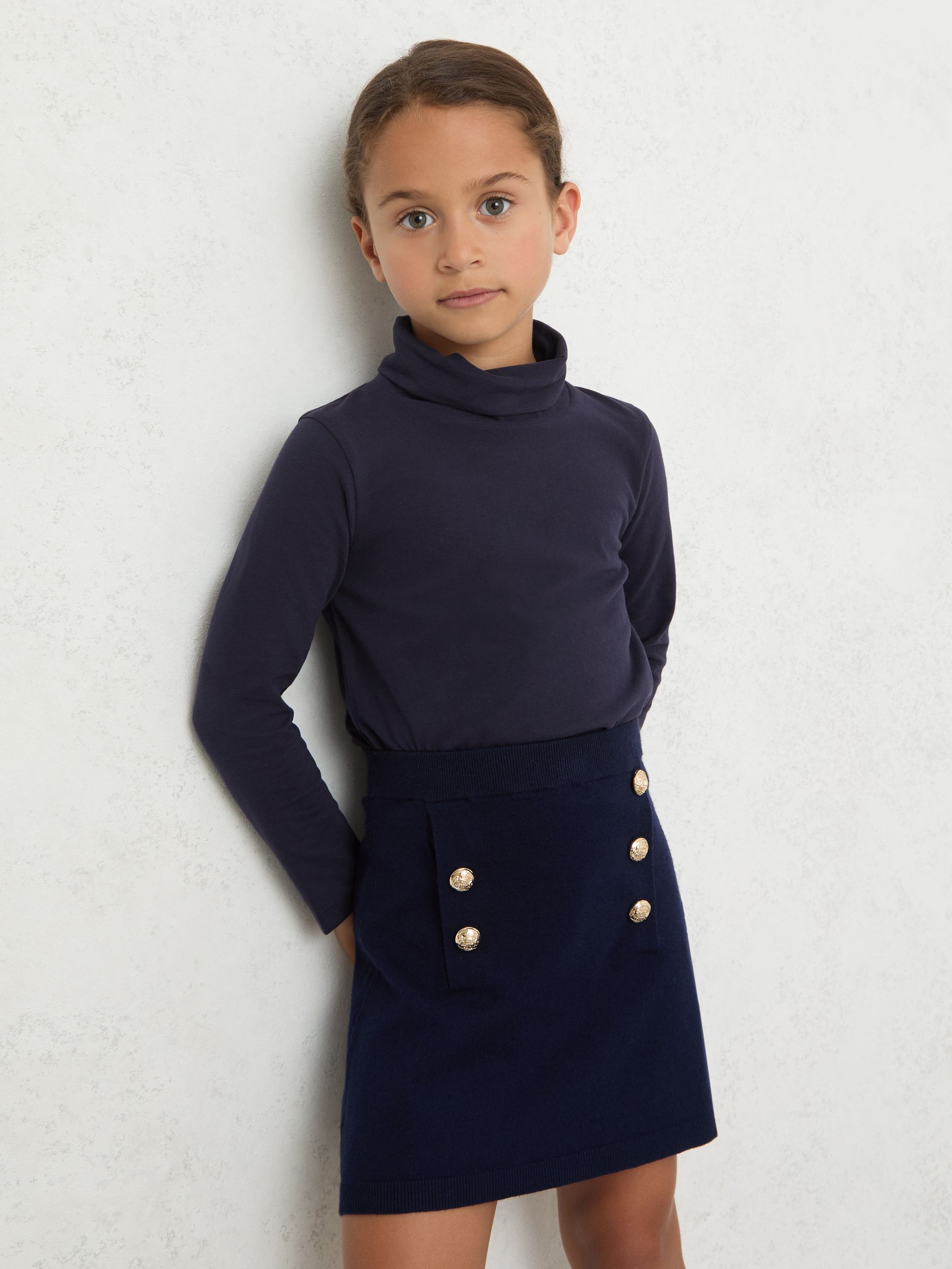 9-13 yrs Cotton-Jersey Roll-Neck Top with Stretch in Navy