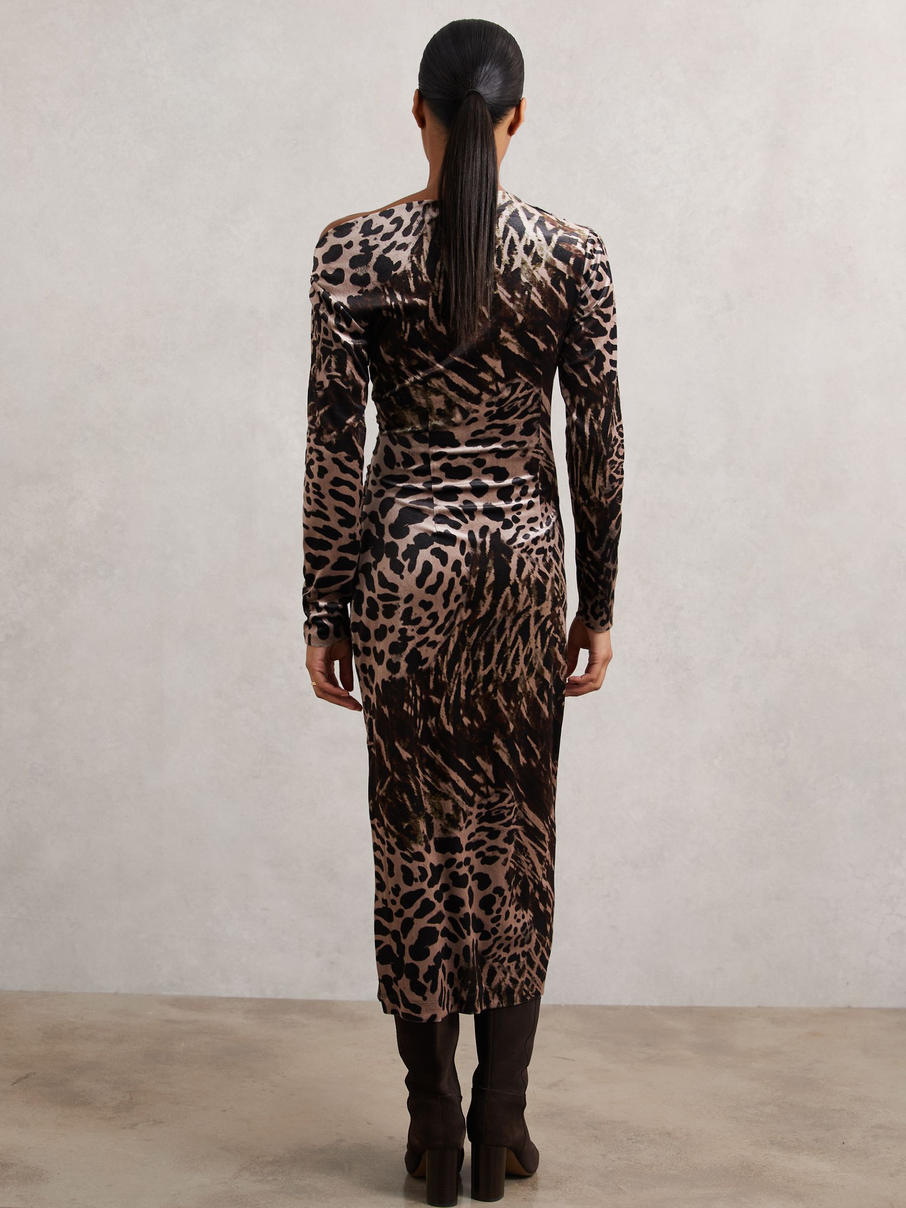 Velvet Leopard-Print Midi Dress in Black/Brown