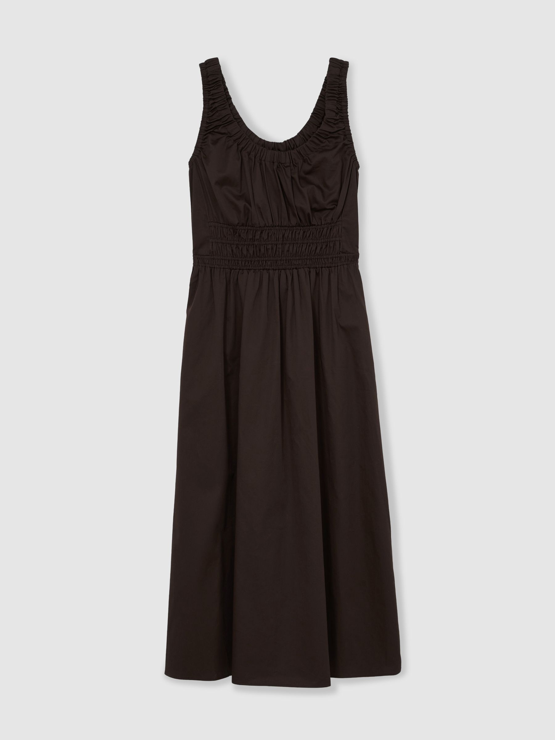 Cotton Craft-Stitch Shirred Midi Dress in Brown