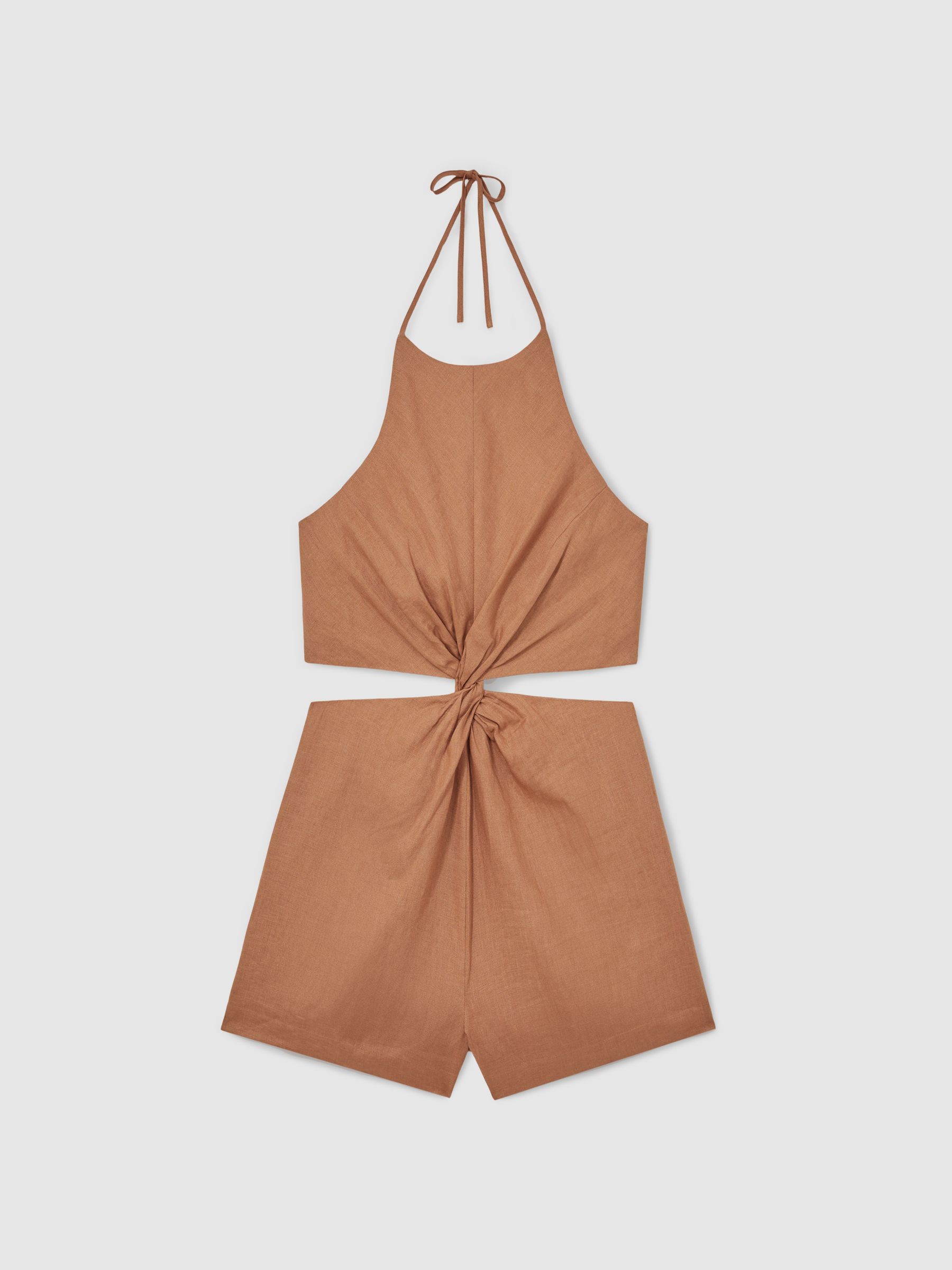 Linen Halterneck Cut Out Playsuit in Brown