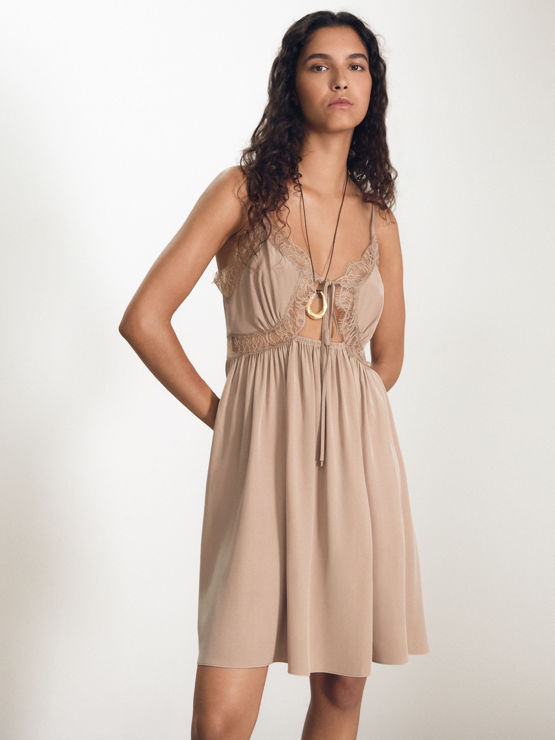 Atelier Silk Lace-Trim Babydoll Dress in Taupe