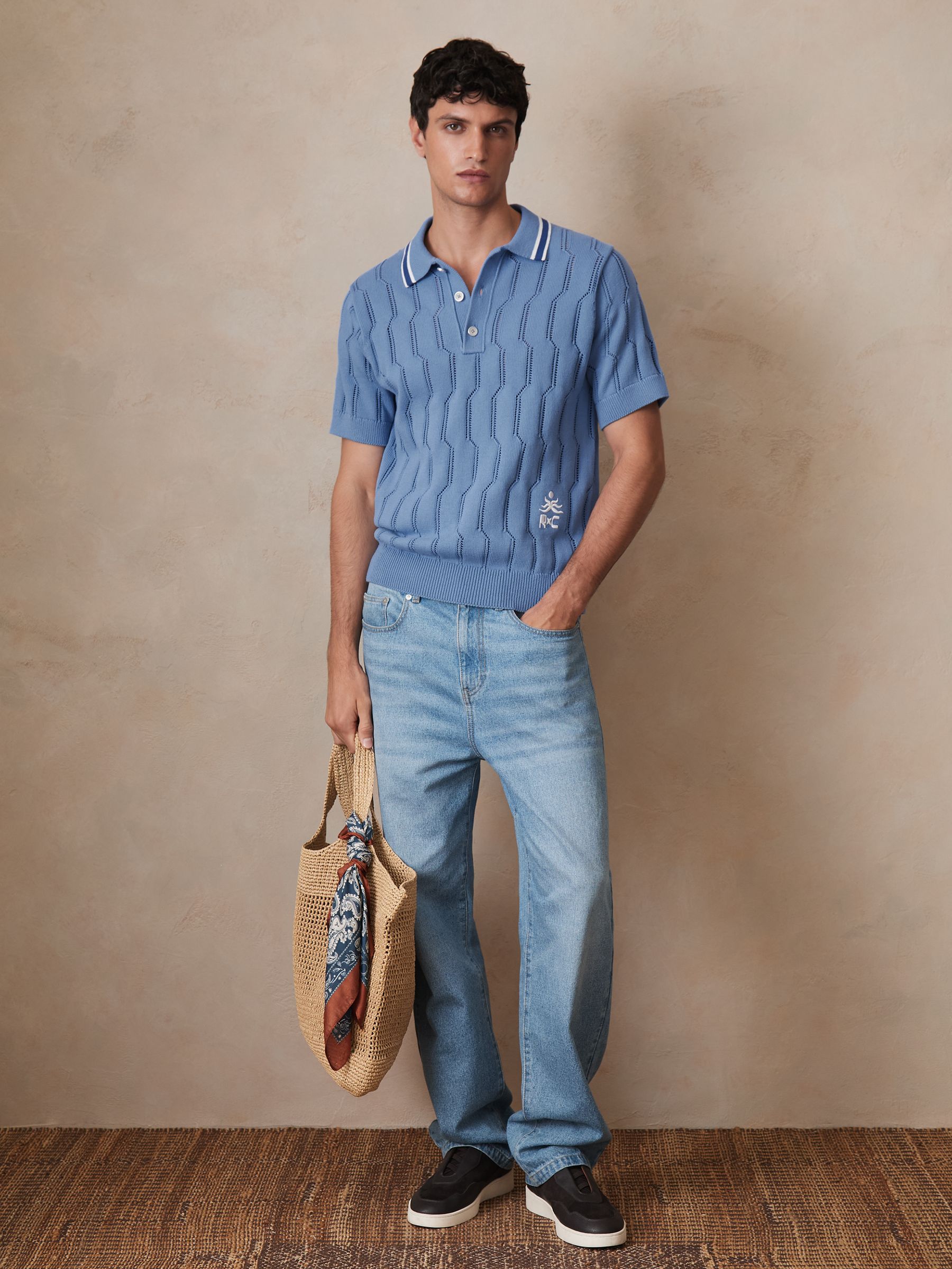 Reiss | Ché Cotton Pointelle Polo Shirt in Blue