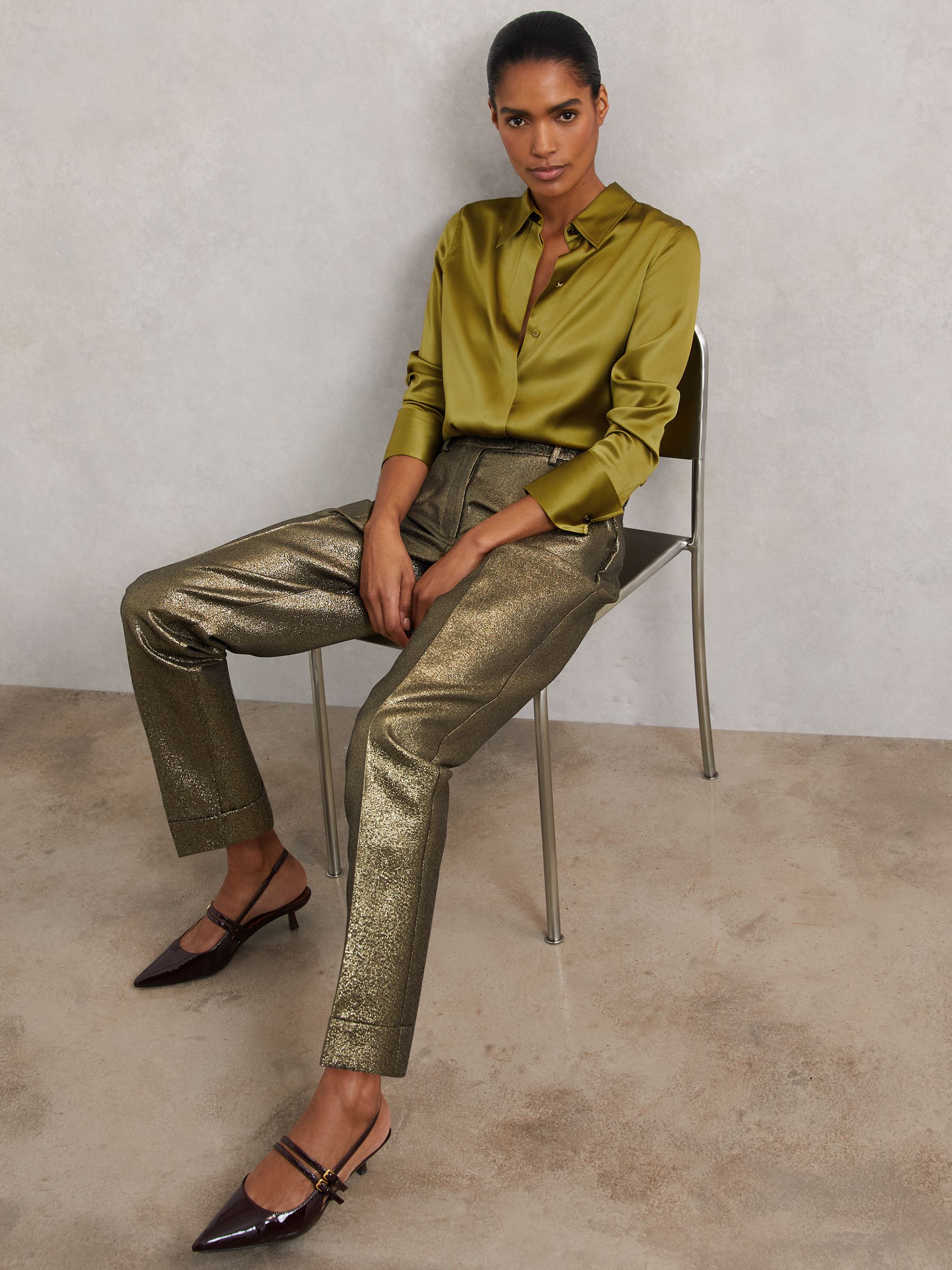 Tapered Metallic Suit Trousers with Cotton in Gold