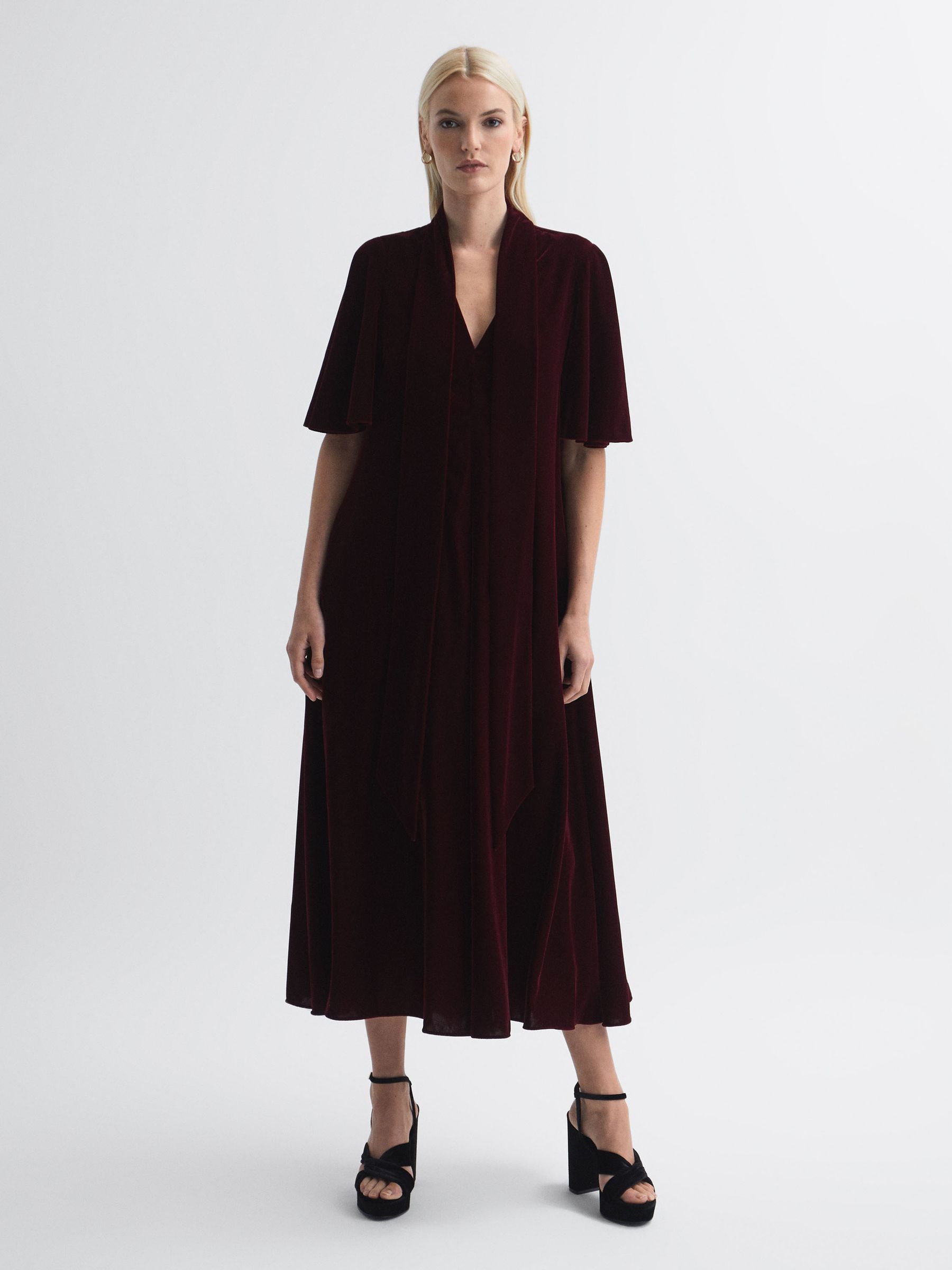 Florere Velvet Tie Neck Midi Dress in Burgundy