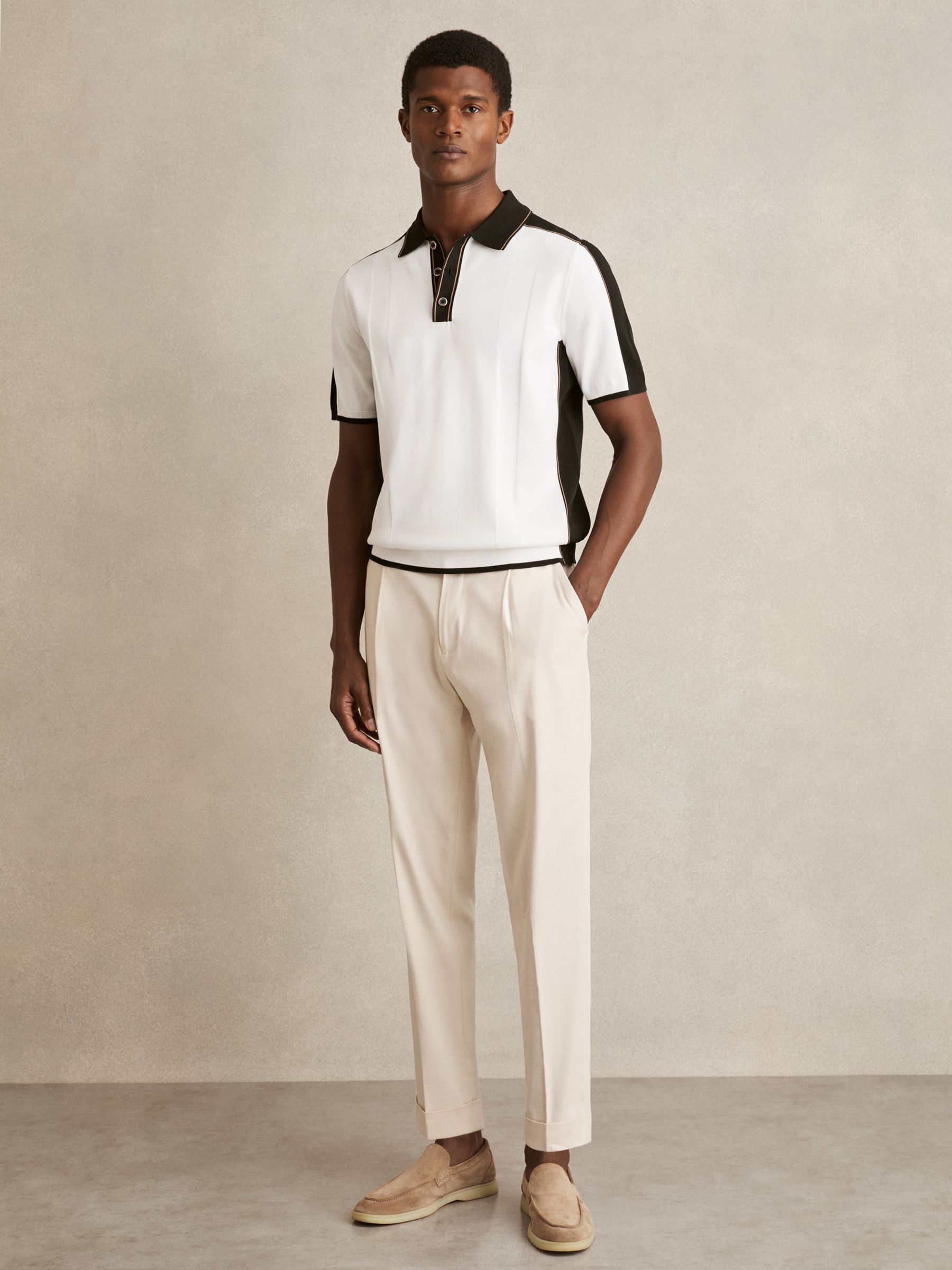 Colour-Block Knit Polo Shirt in Optic White/Green