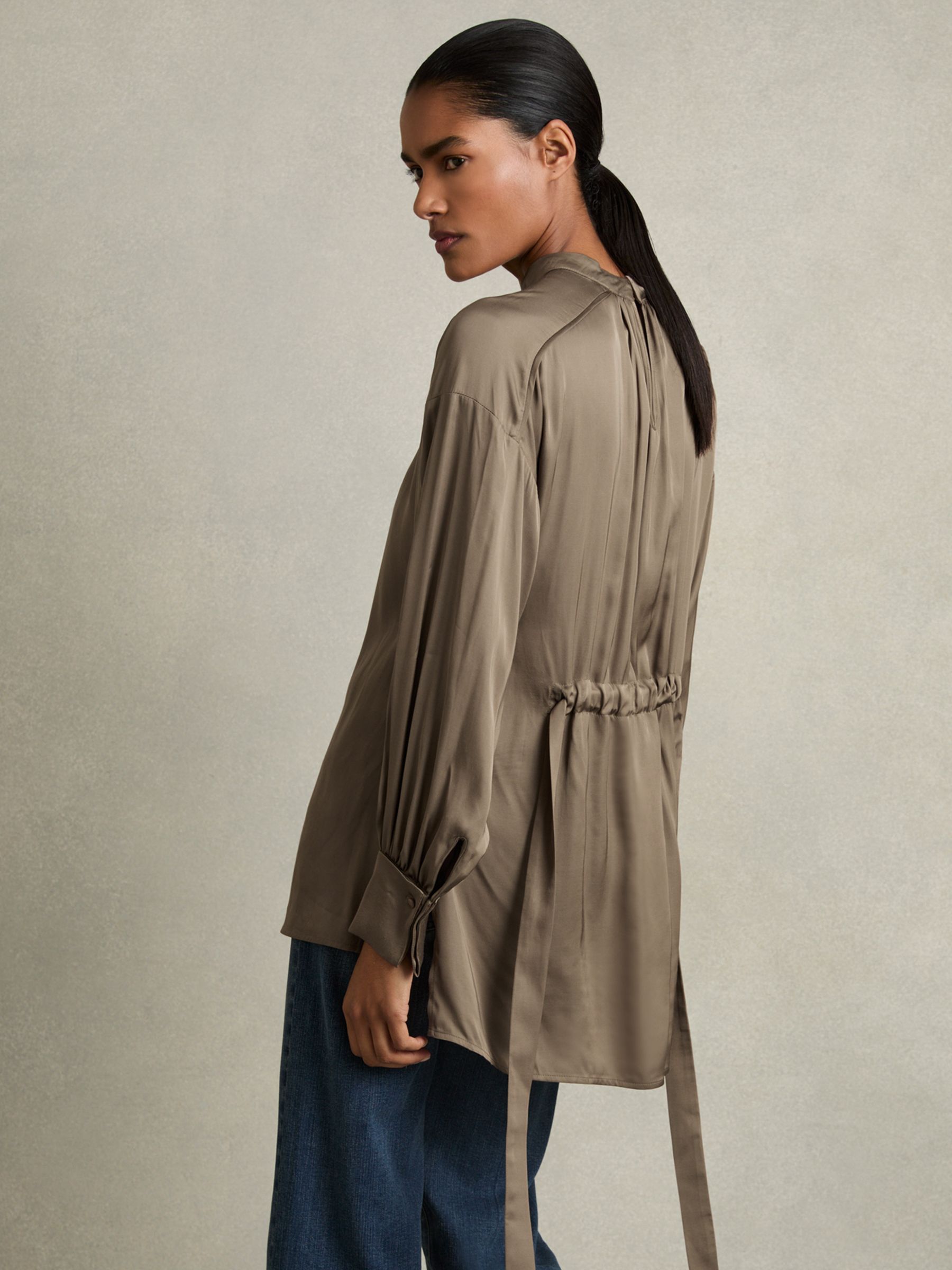Woven High-Neck Belted Blouse in Mink