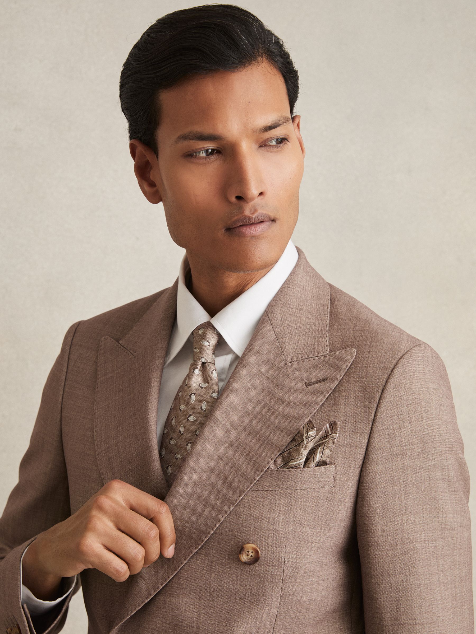 Almond Print Silk Pocket Square in Soft Brown Melange