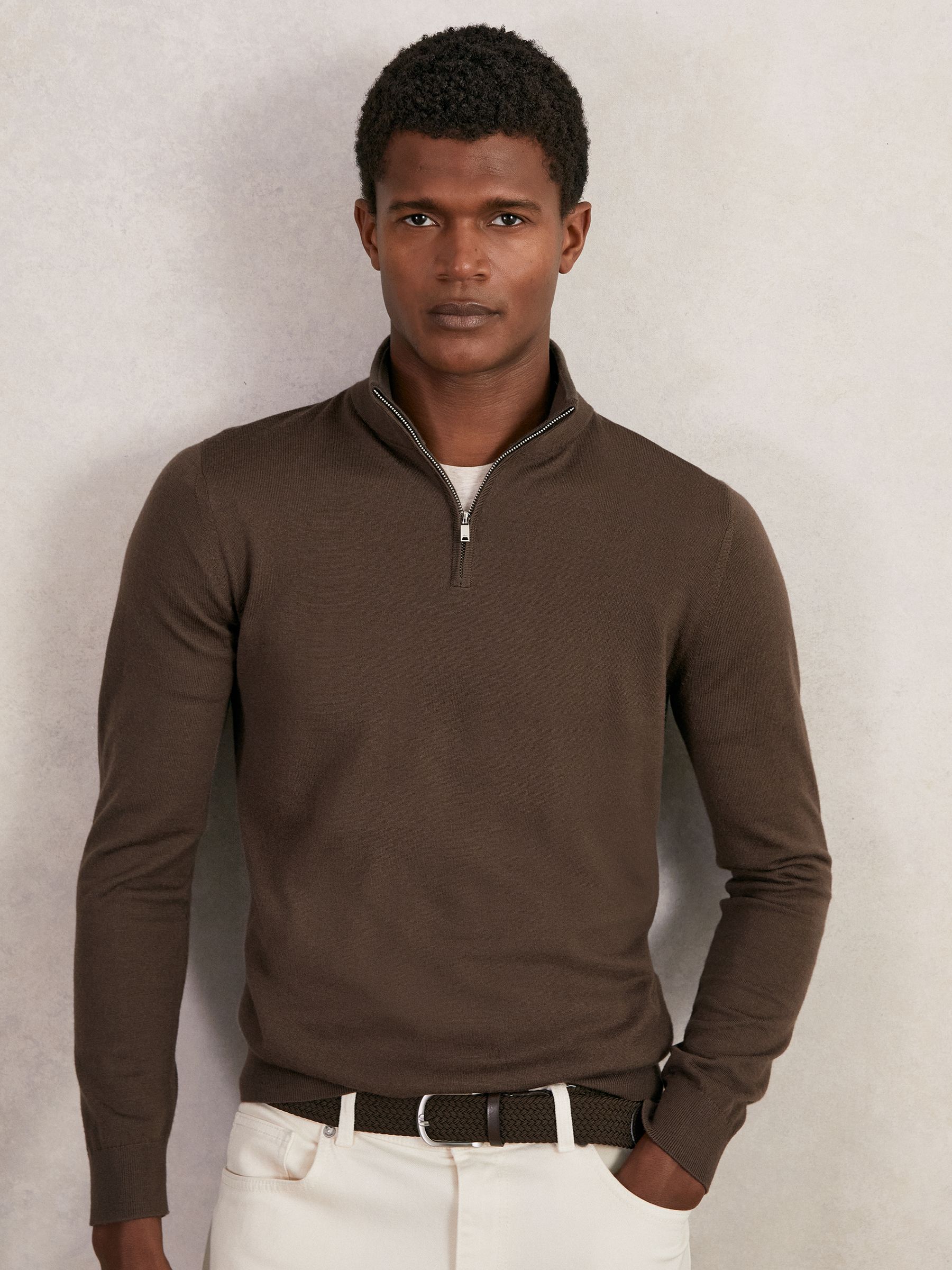 Merino Wool Half-Zip Funnel Neck Jumper in Chocolate Brown
