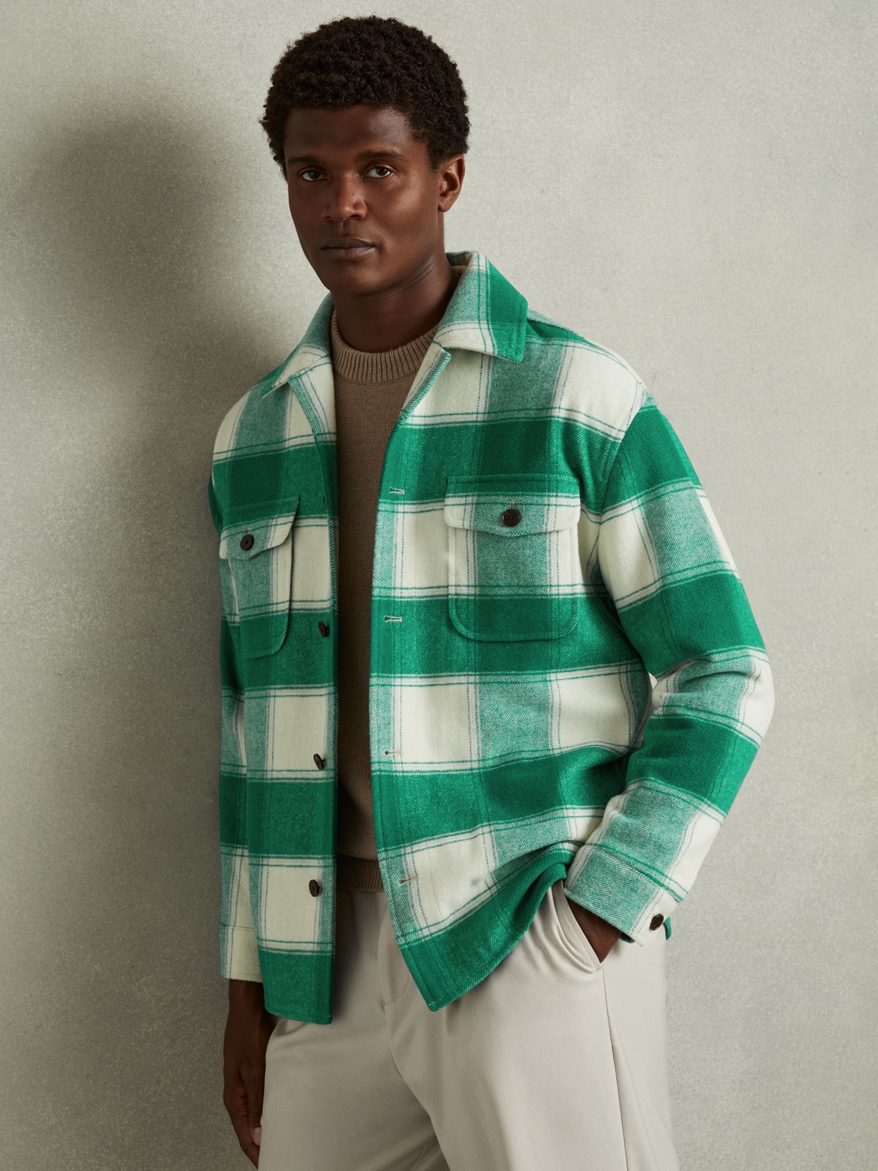 Wool Blend checked Overshirt in Green