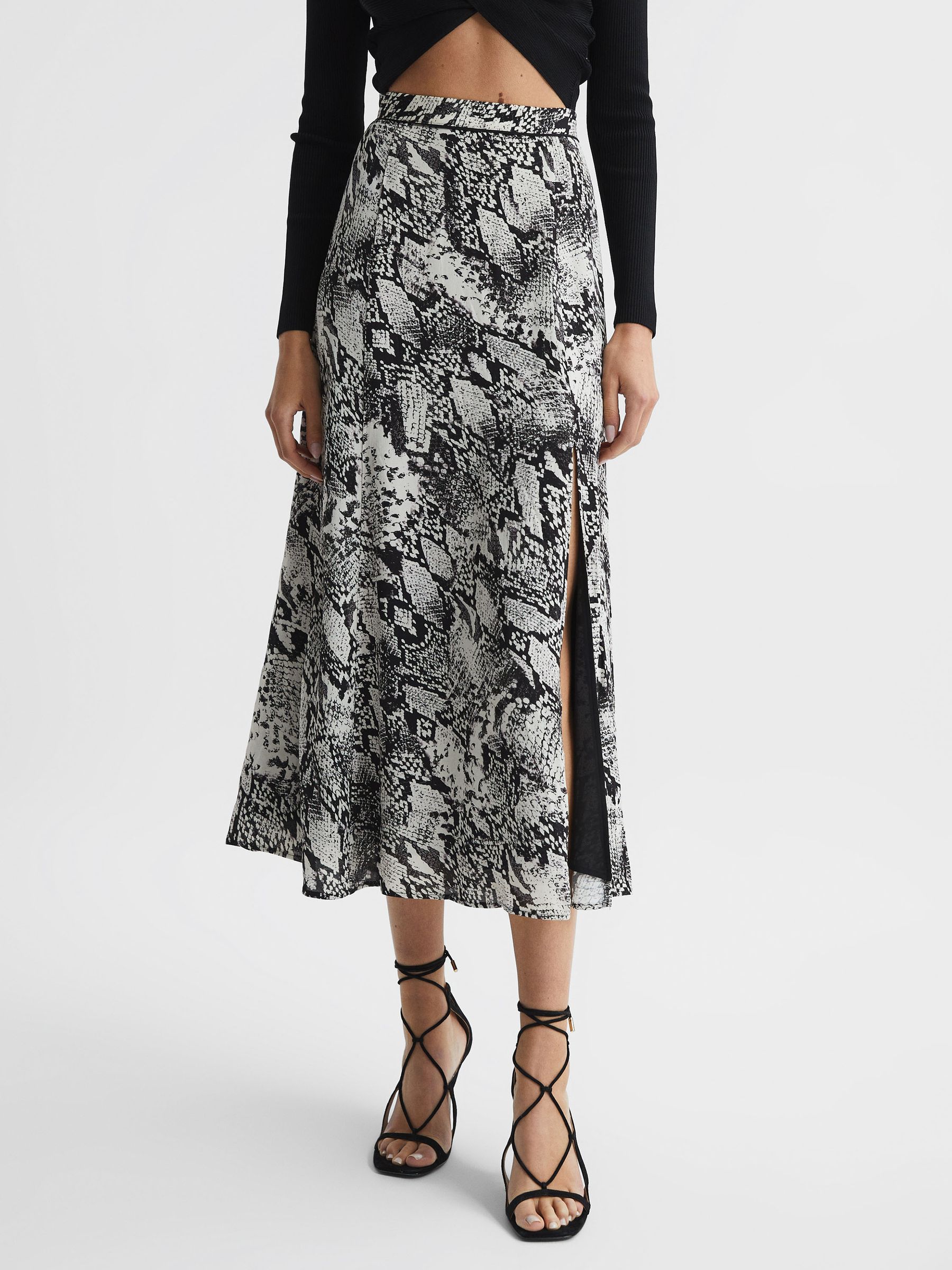 Printed Slip Midi Skirt in Black