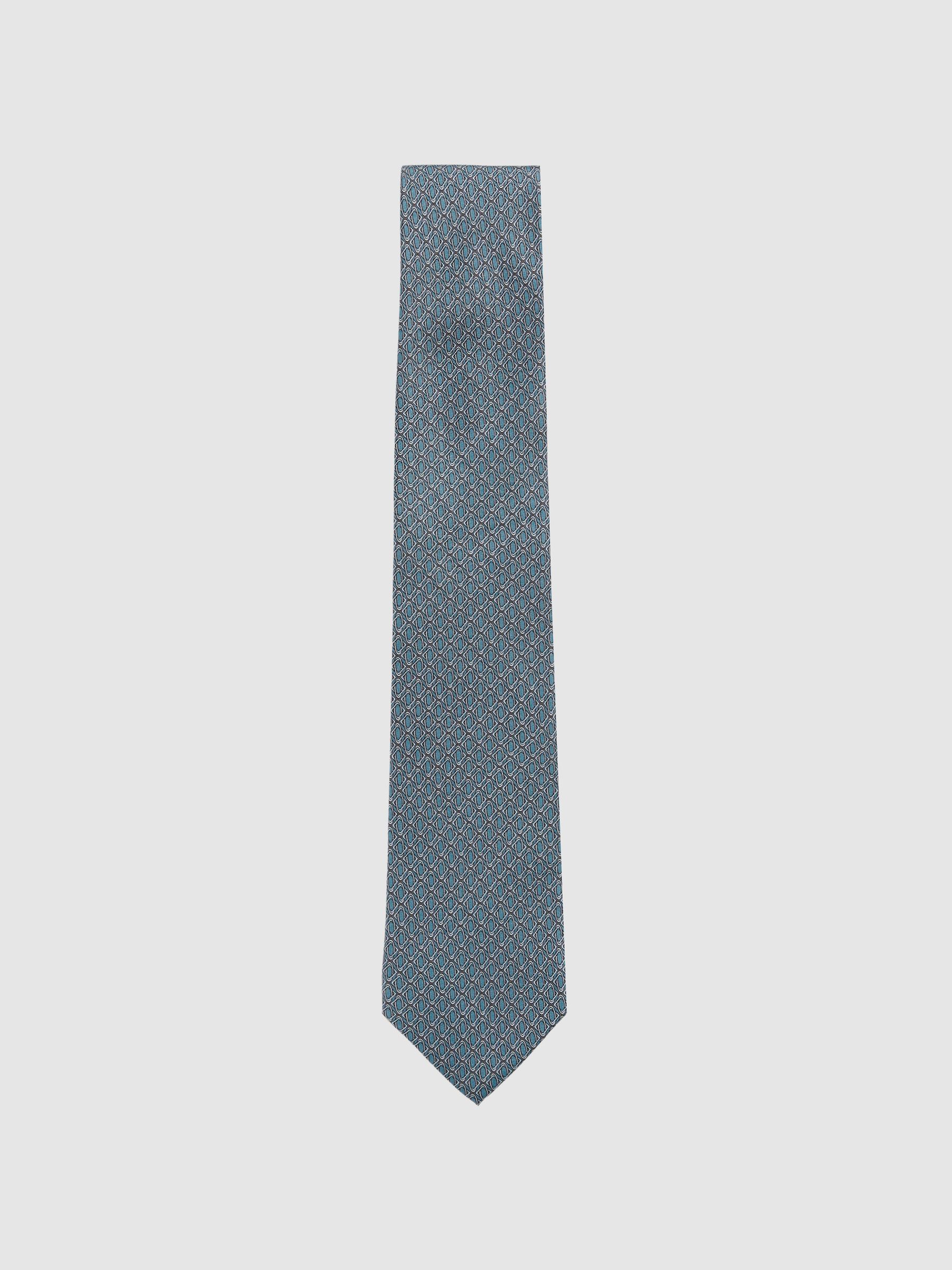 Silk Geometric-Print Tie in Soft Blue