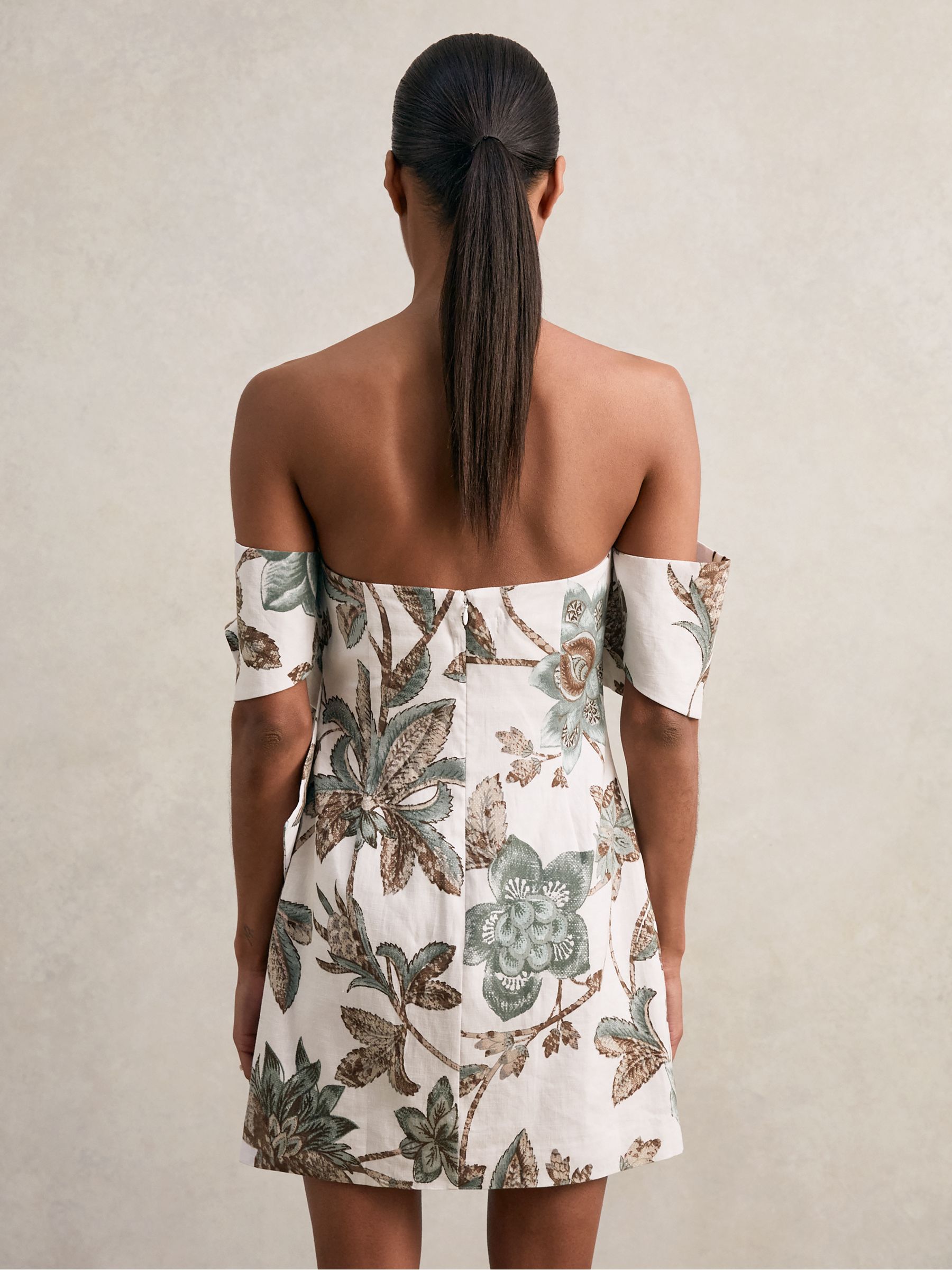 Sculpted Off-Shoulder Floral Mini Dress Linen-Cotton in Ivory