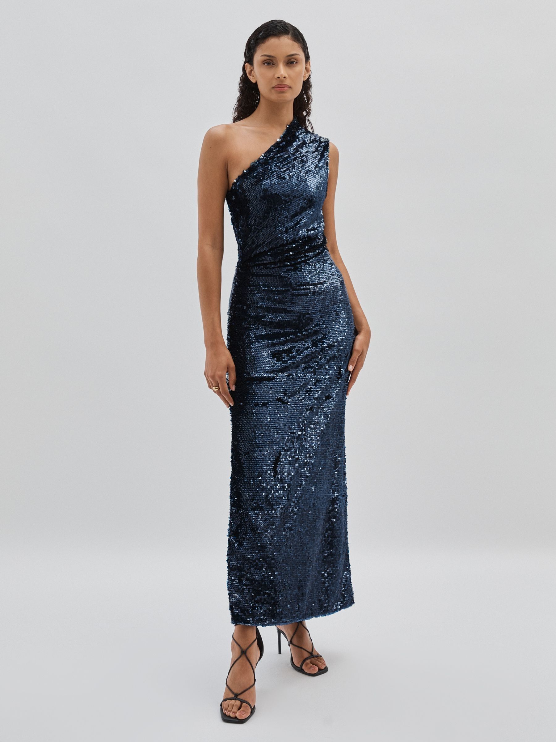 ILTA Sequinned One-Shoulder Maxi Dress in Midnight Navy