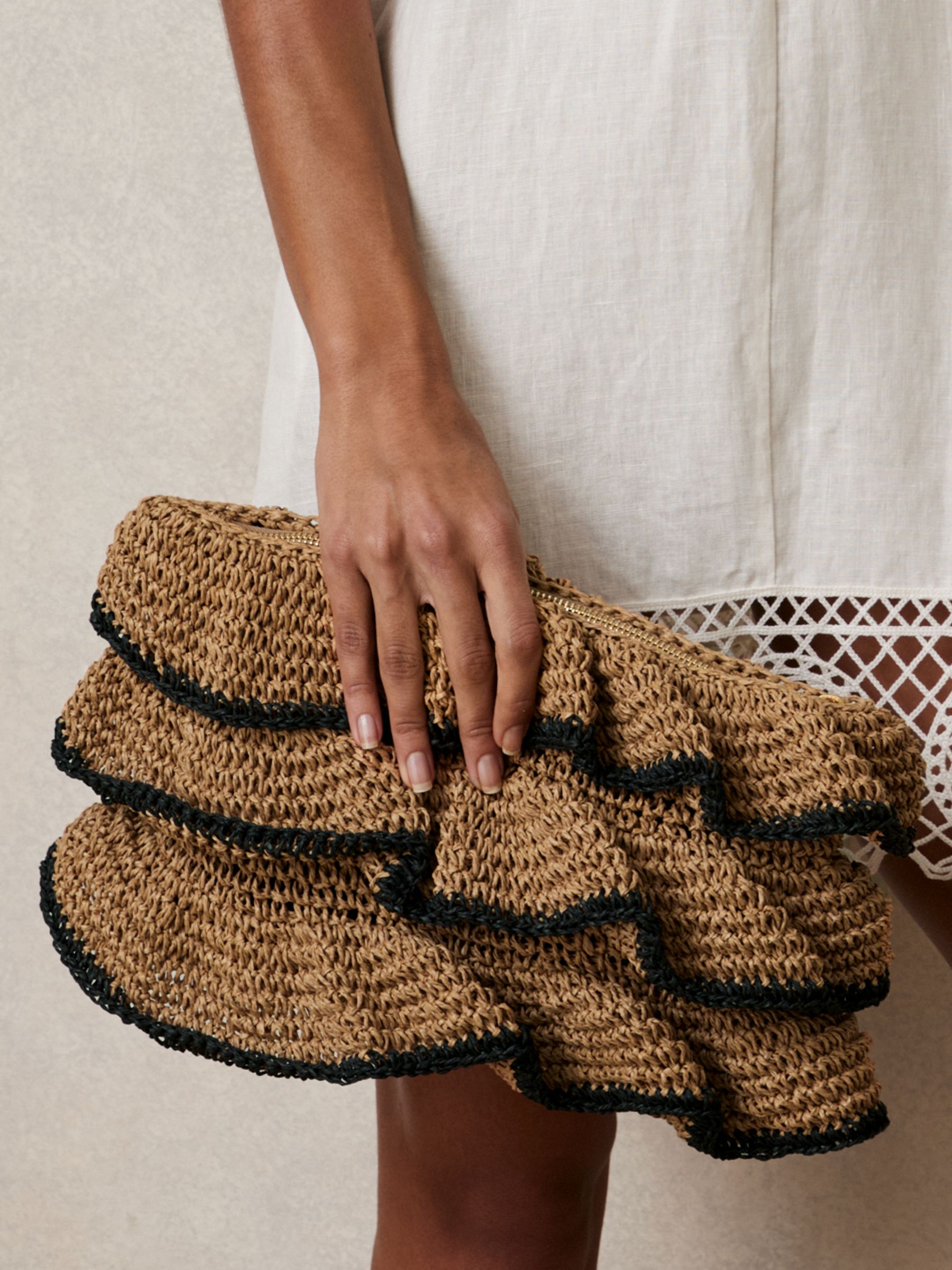 Raffia Ruffle Clutch Bag in Natural