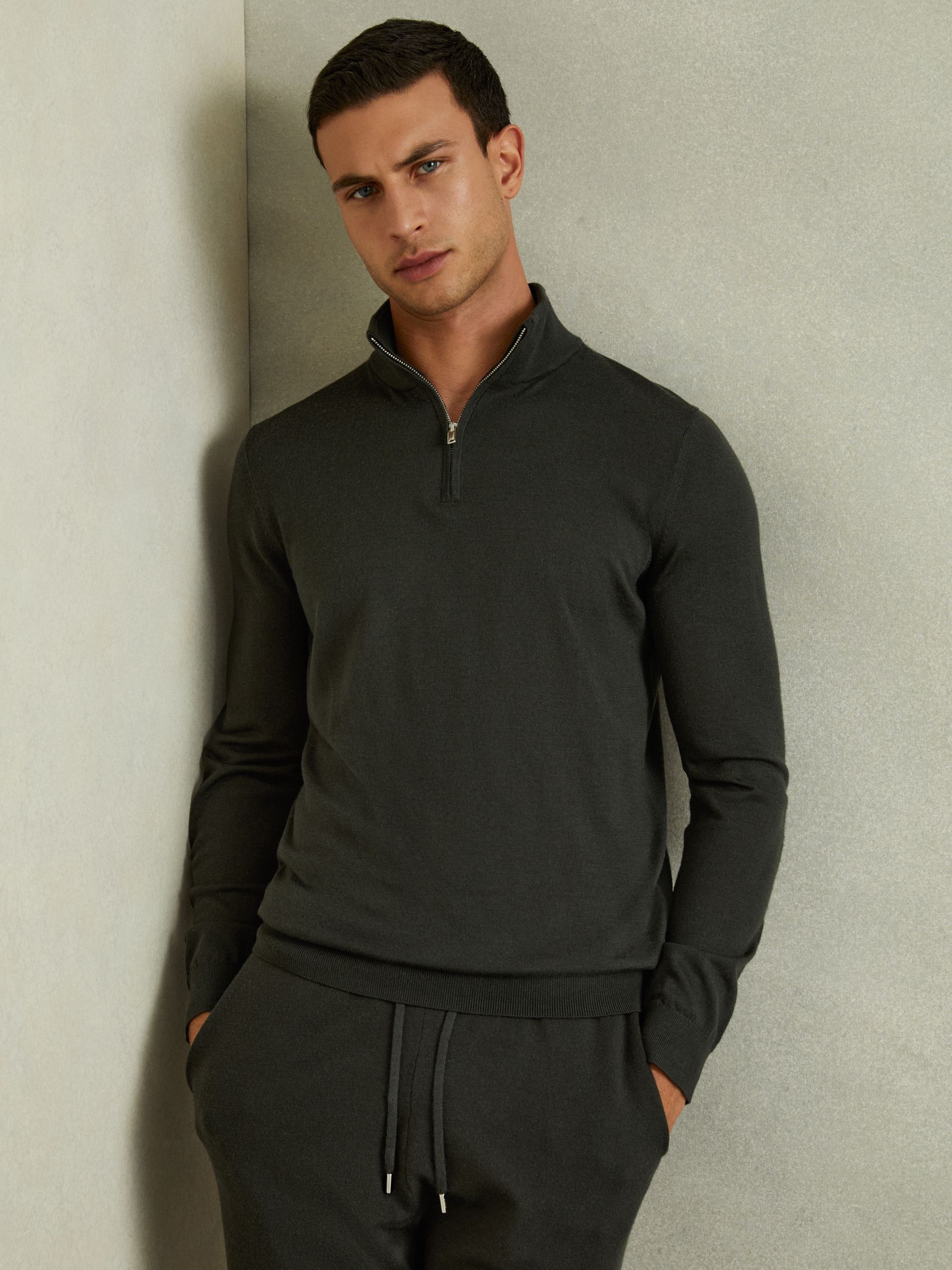 Merino Wool Half-Zip Funnel Neck Jumper in Dark Military Green