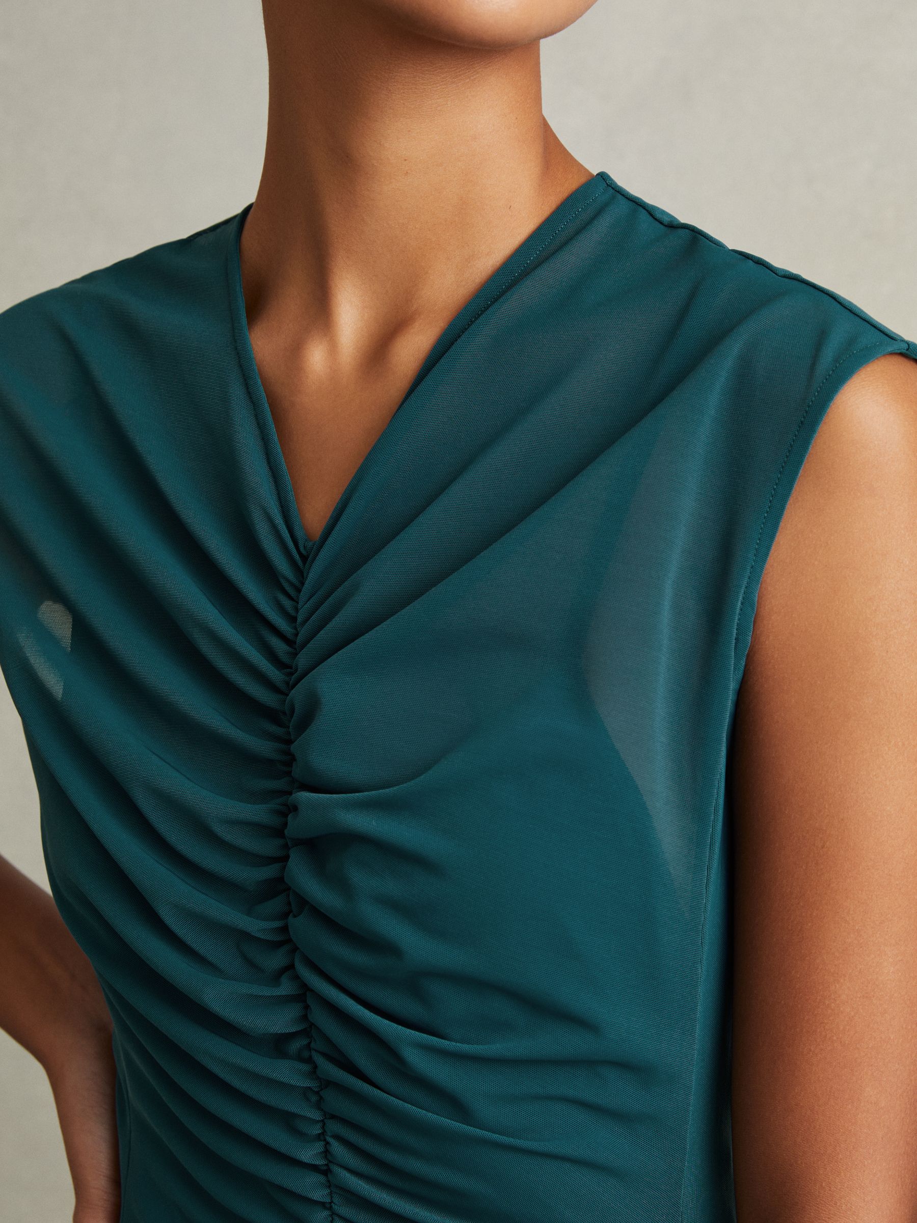 Mesh Ruched Midi Dress in Teal