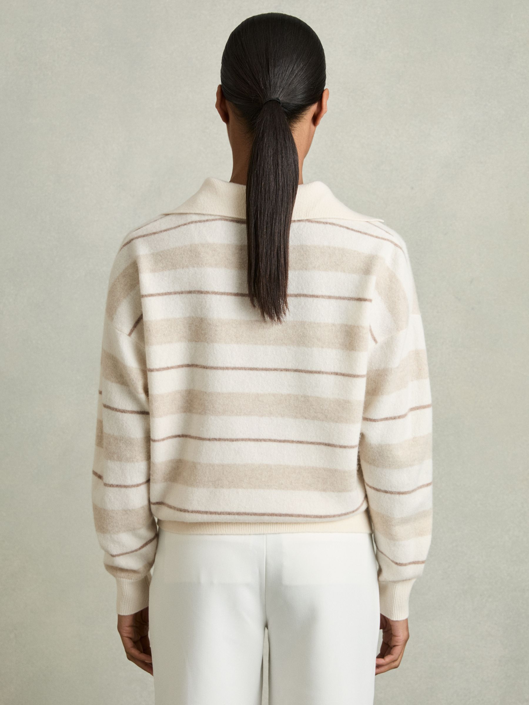 Wool-Cashmere Stripe Open-Collar Jumper in Neutral