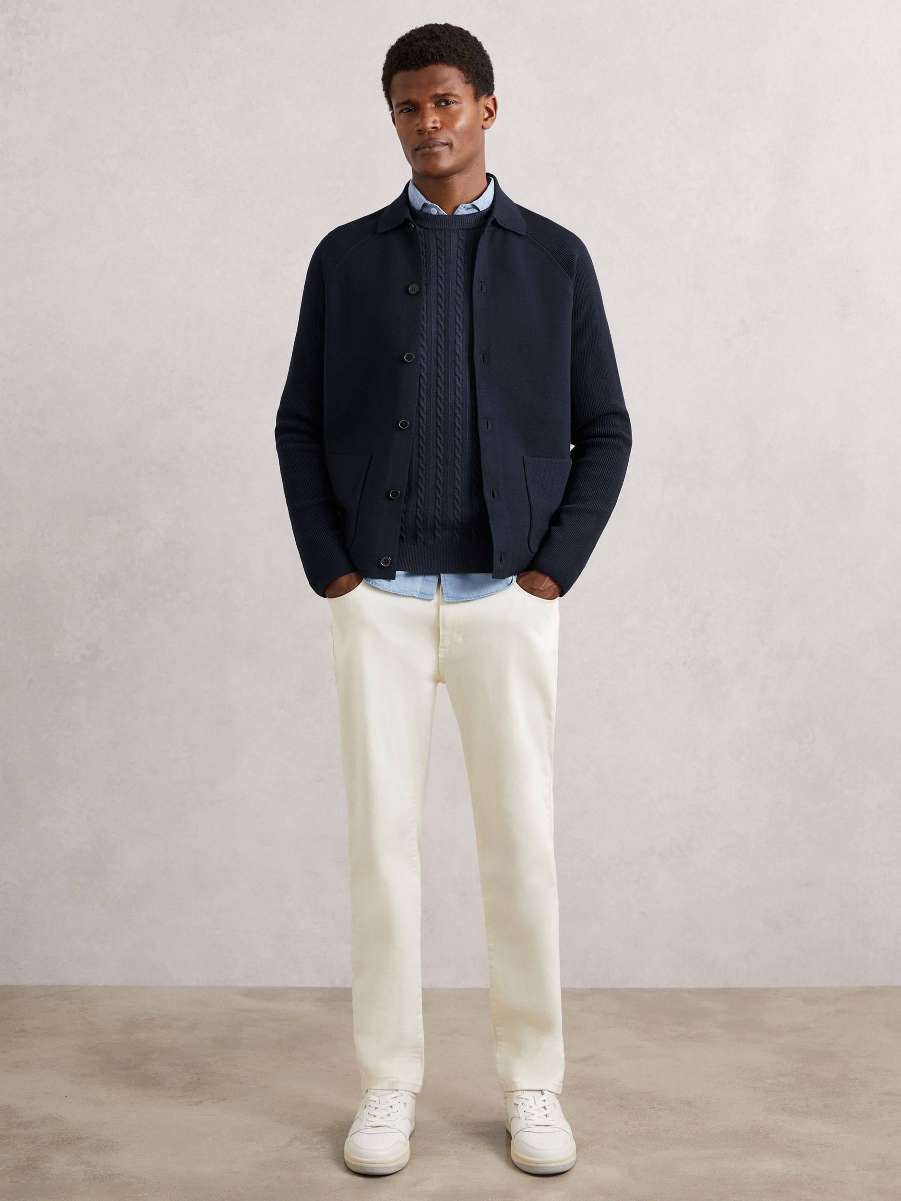 Button-Through Ribbed-Sleeve Shirt in Navy Blue