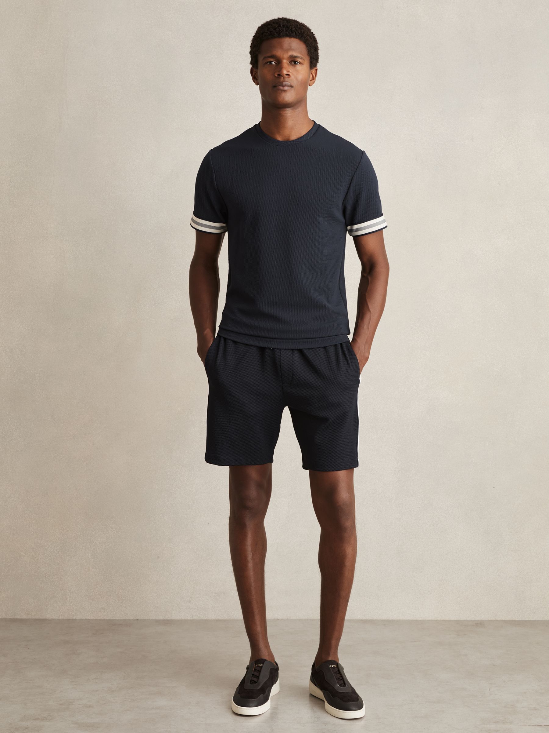 Textured Tape Drawstring Shorts in Navy