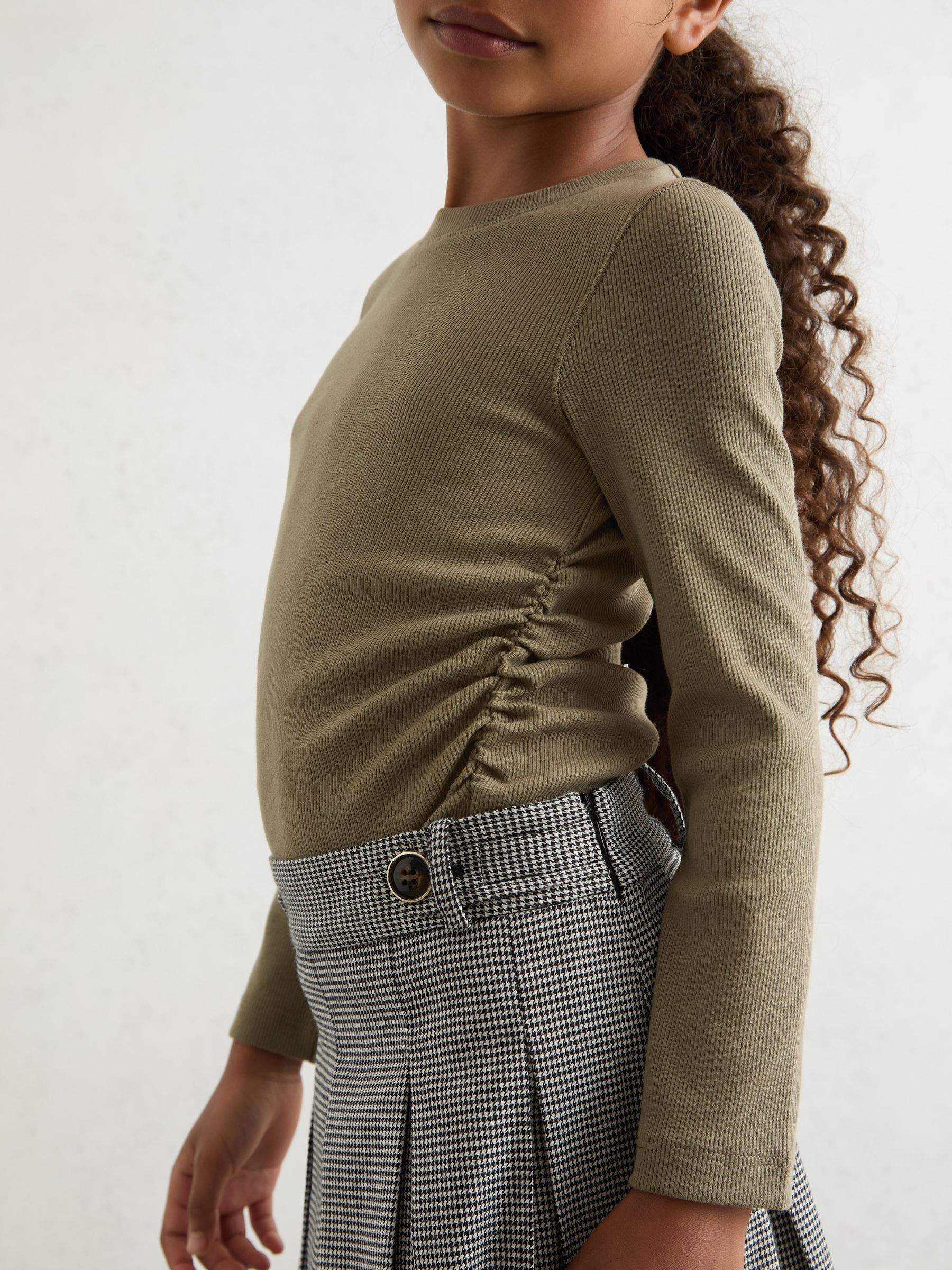 9-13 yrs Cotton Ruched Long-Sleeve T-Shirt with Stretch in Khaki