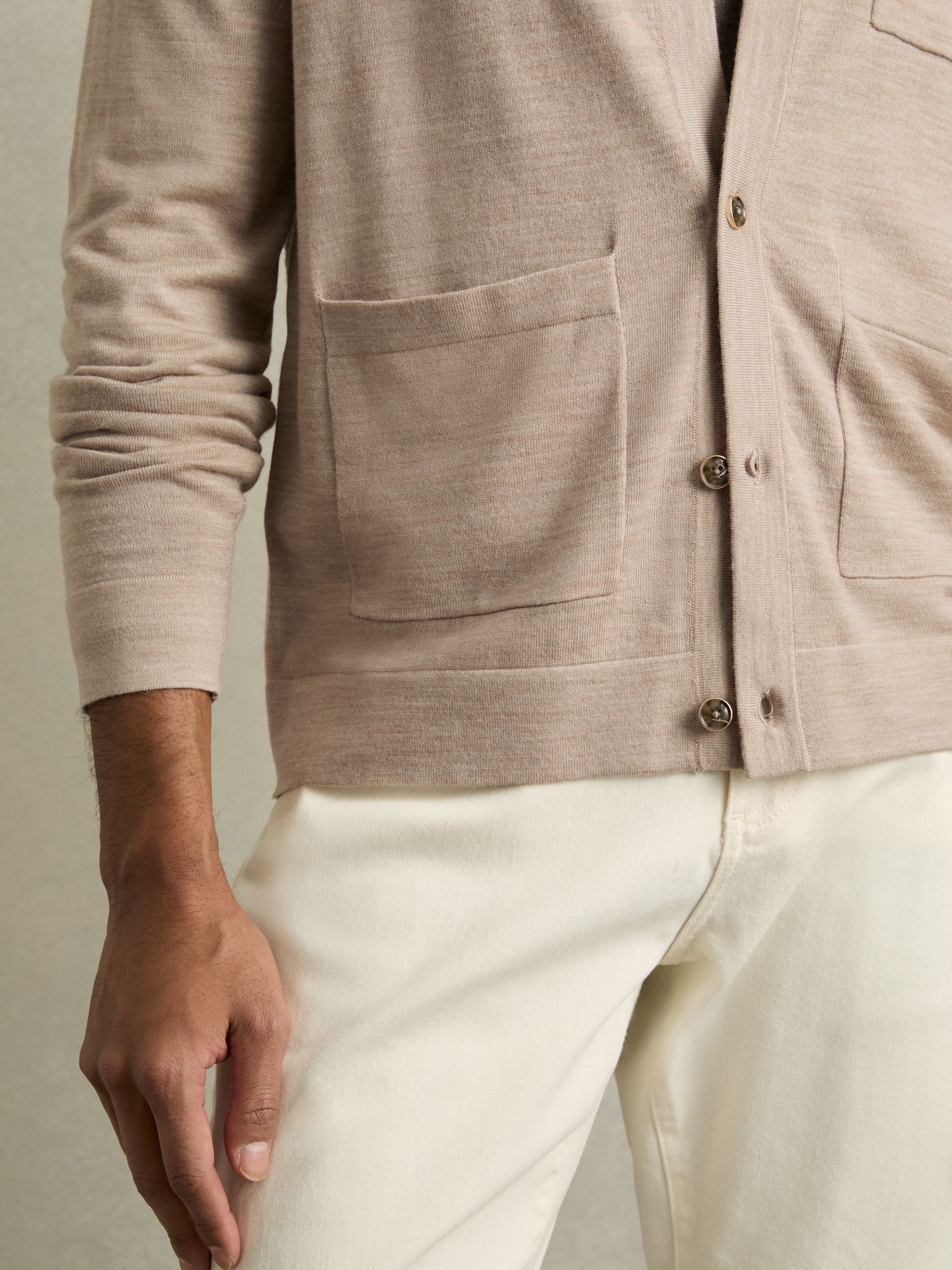 Merino Wool Button-Through Cardigan in Wheat Melange