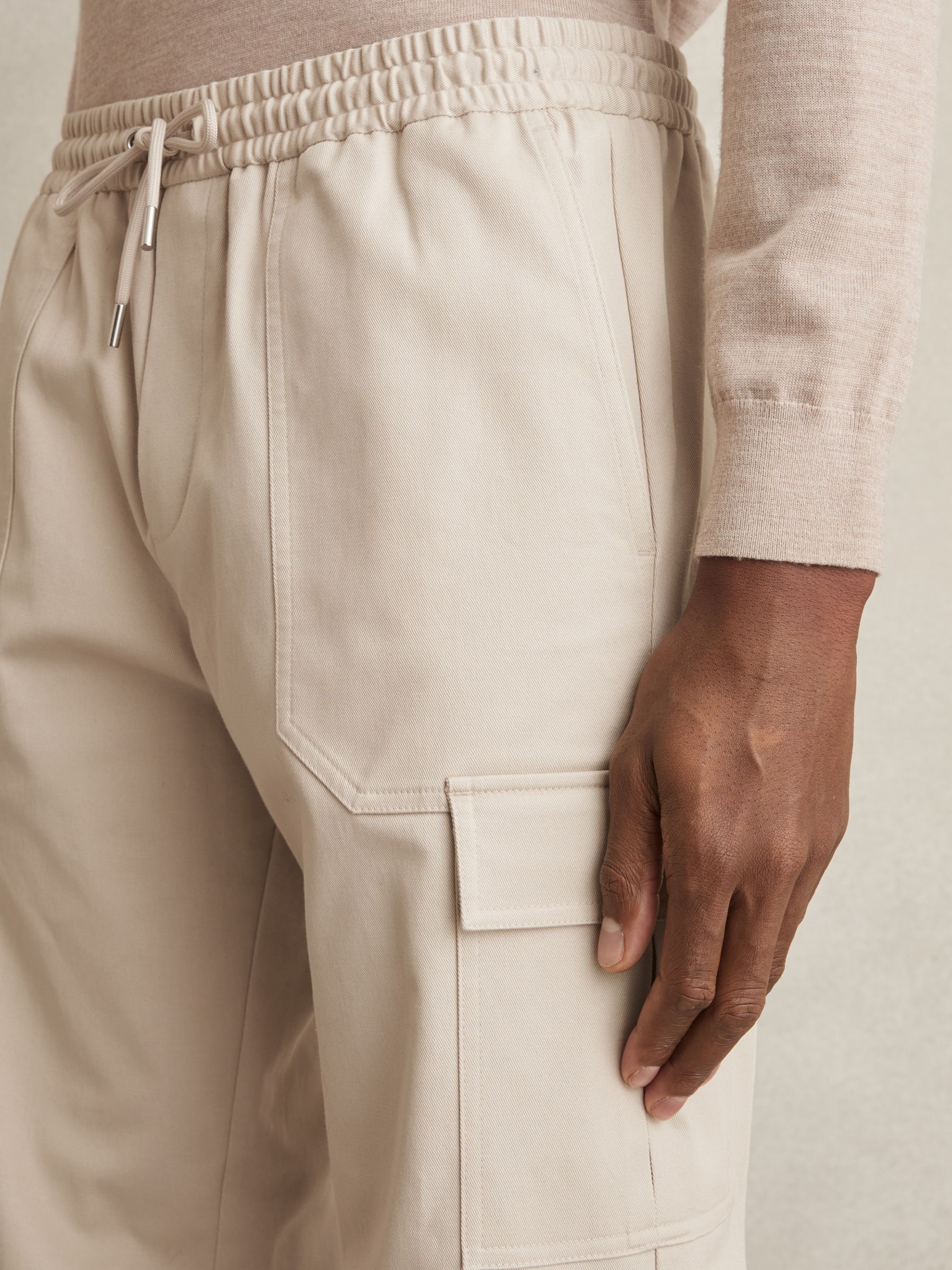 Cotton Drawstring Cargo Trousers in Stone