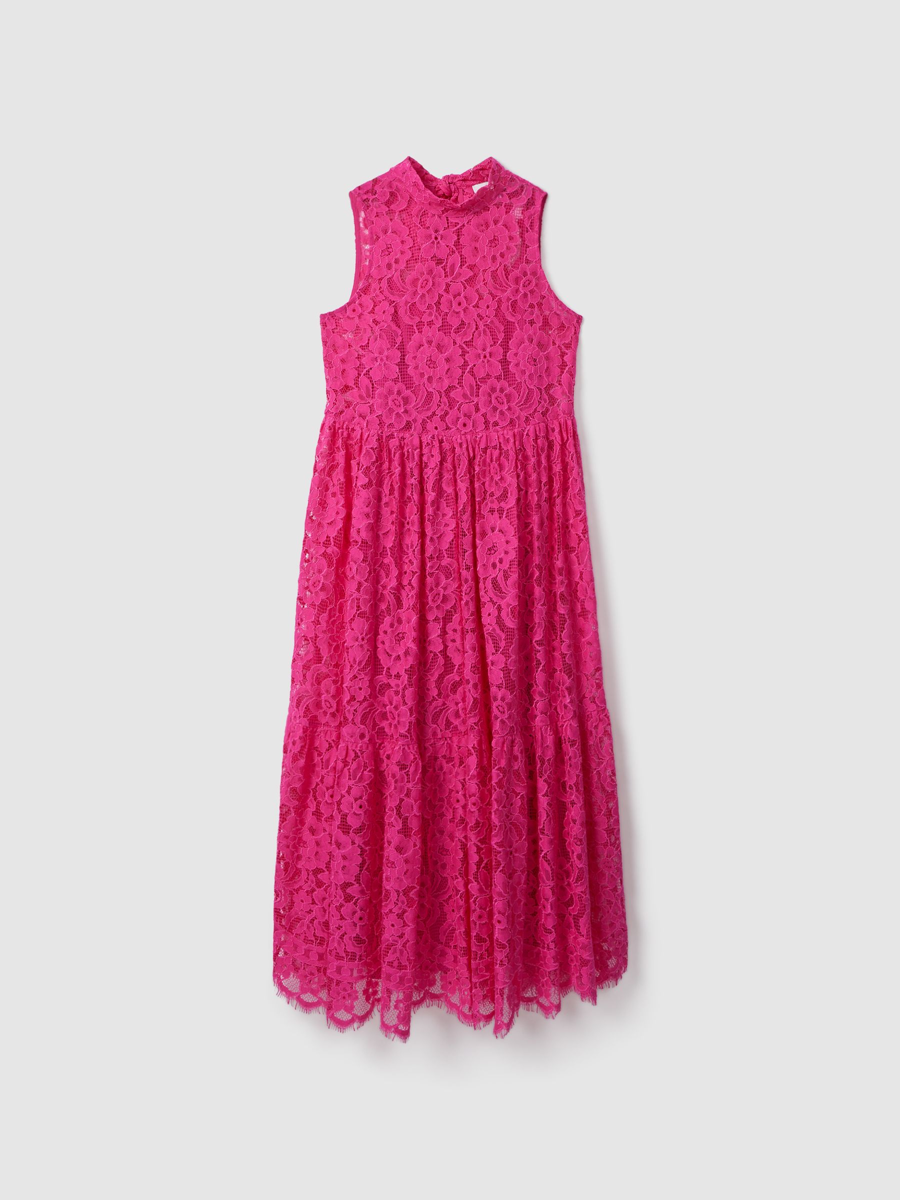 Florere Lace Tie Back Midi Dress in Bright Pink