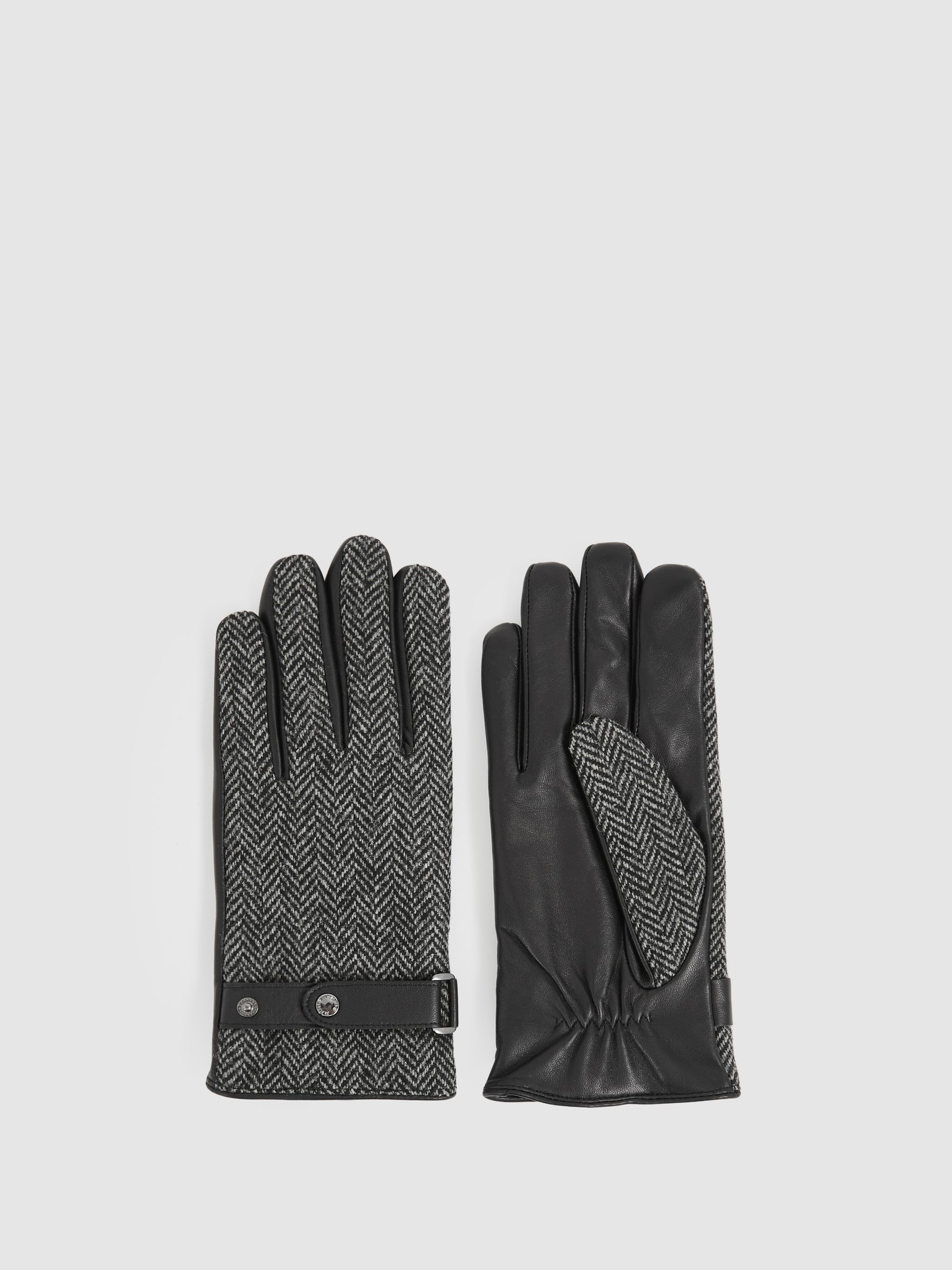 Leather And Wool-Blend Herringbone Gloves in Black
