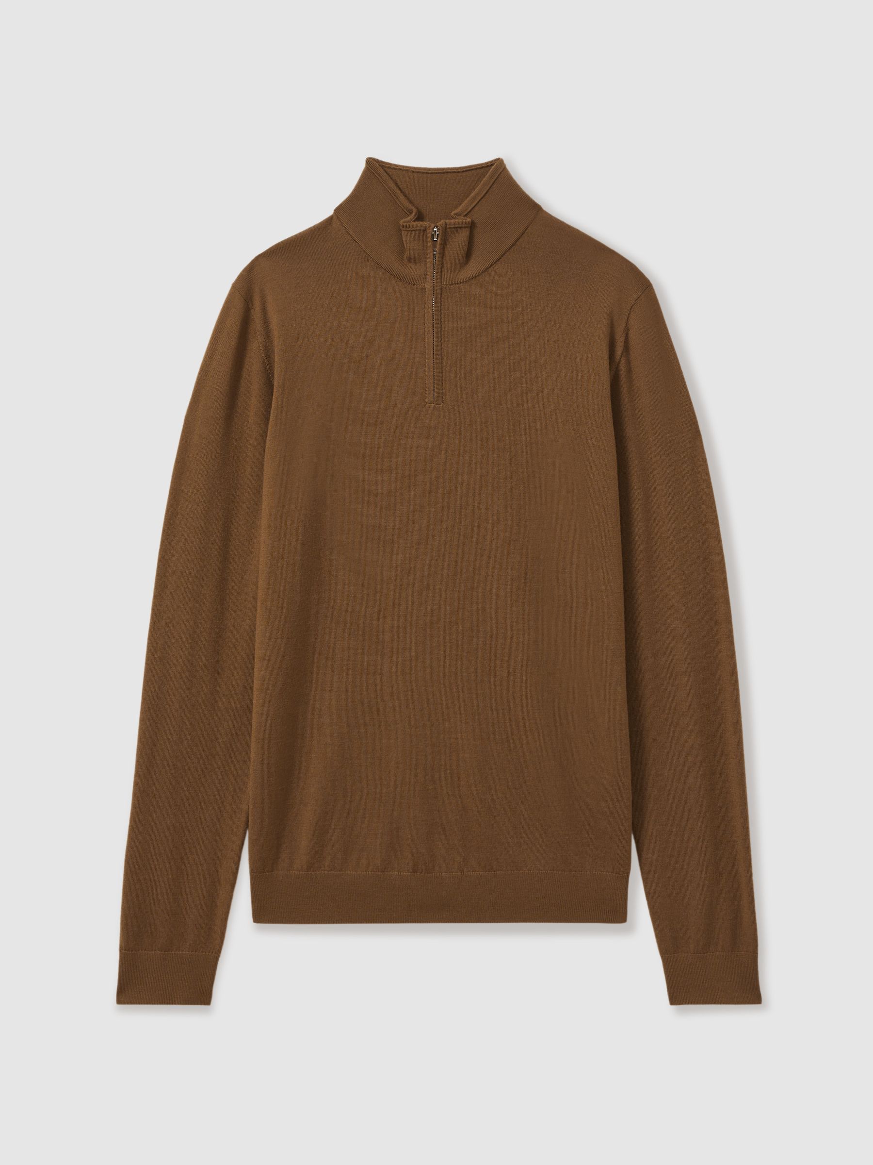 Merino Wool Half-Zip Funnel Neck Jumper in Tobacco Brown