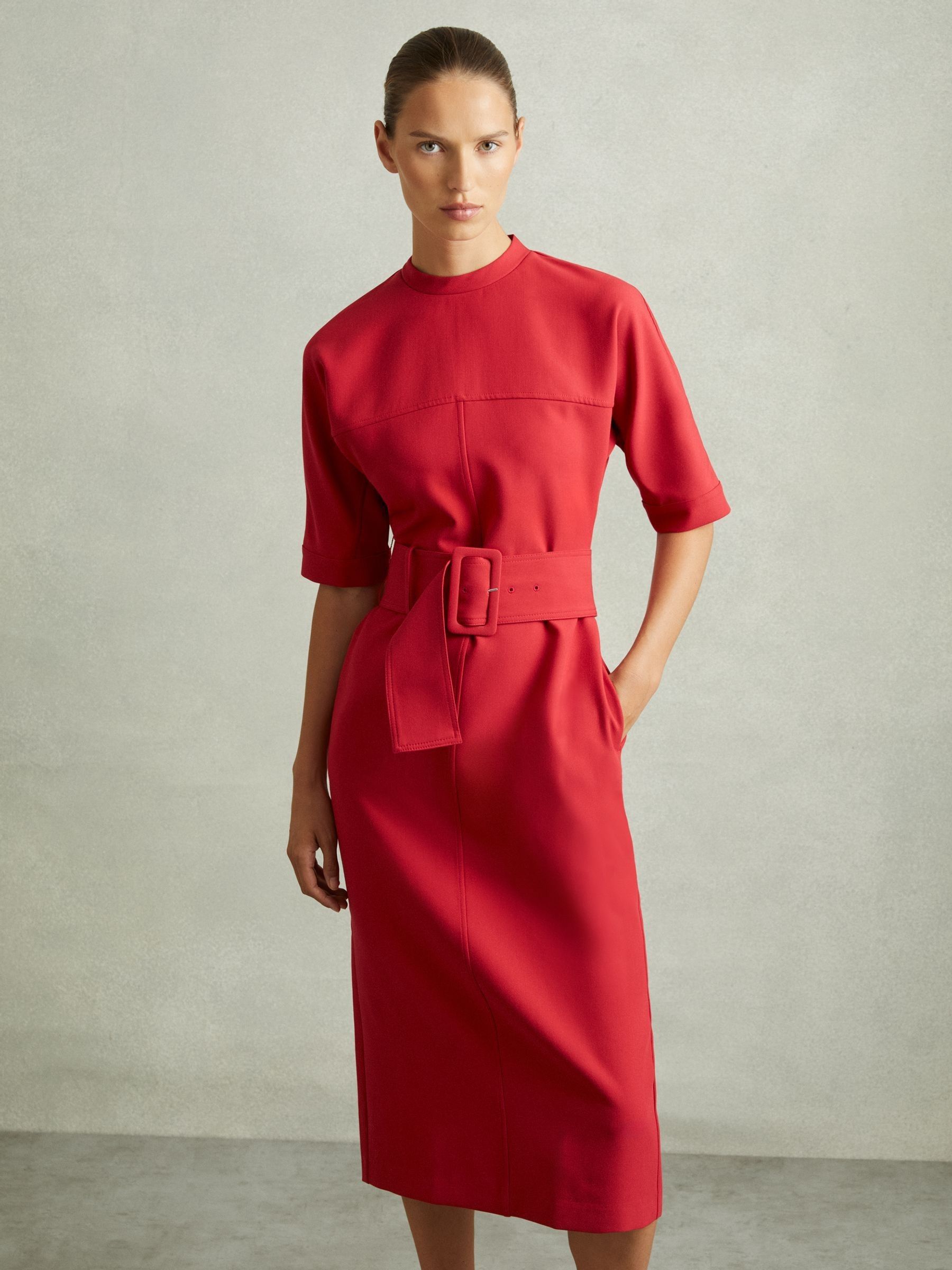 Belted Midi Dress in Red