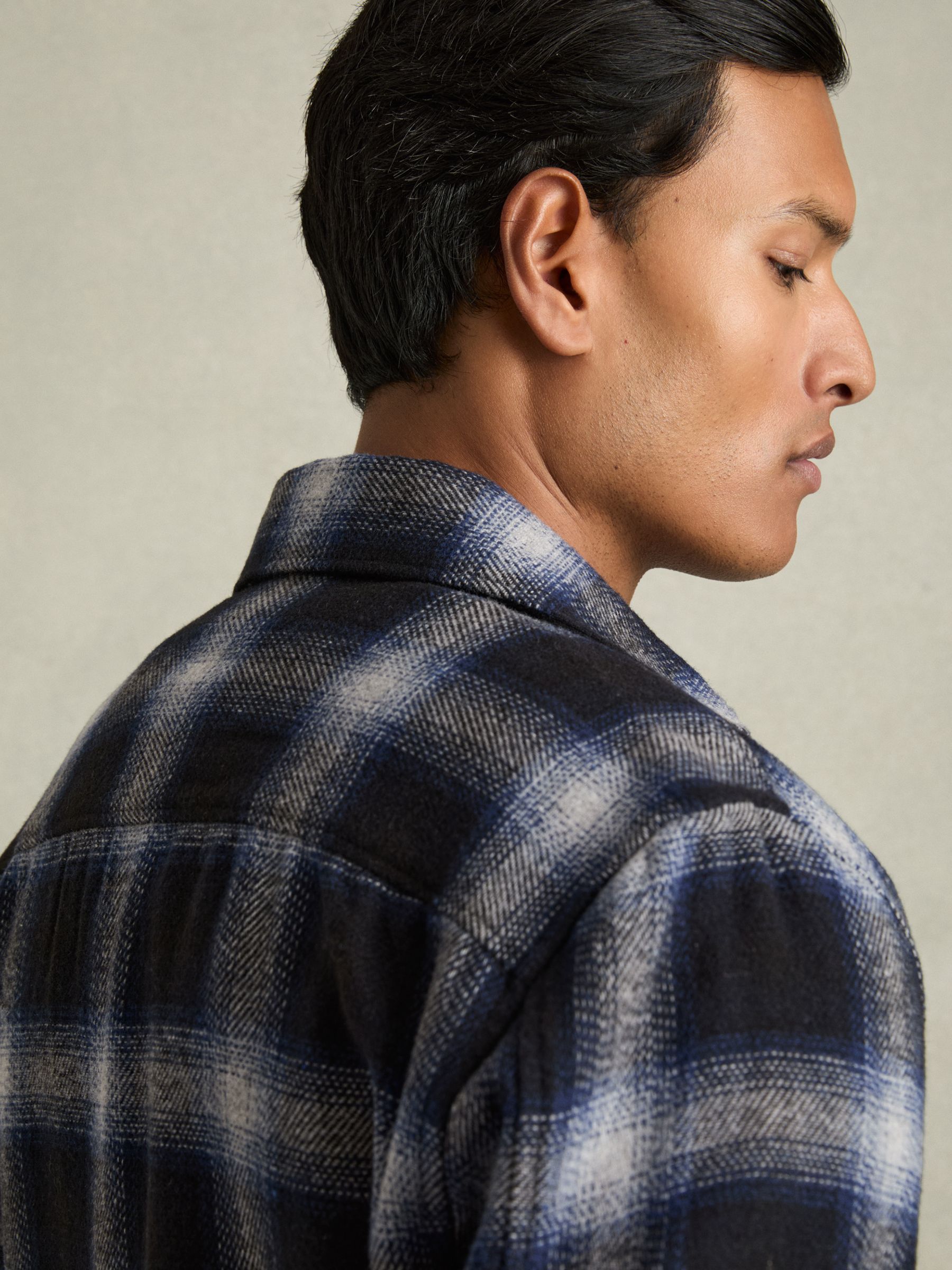 Check Patch Pocket Overshirt With Wool in Navy Multi