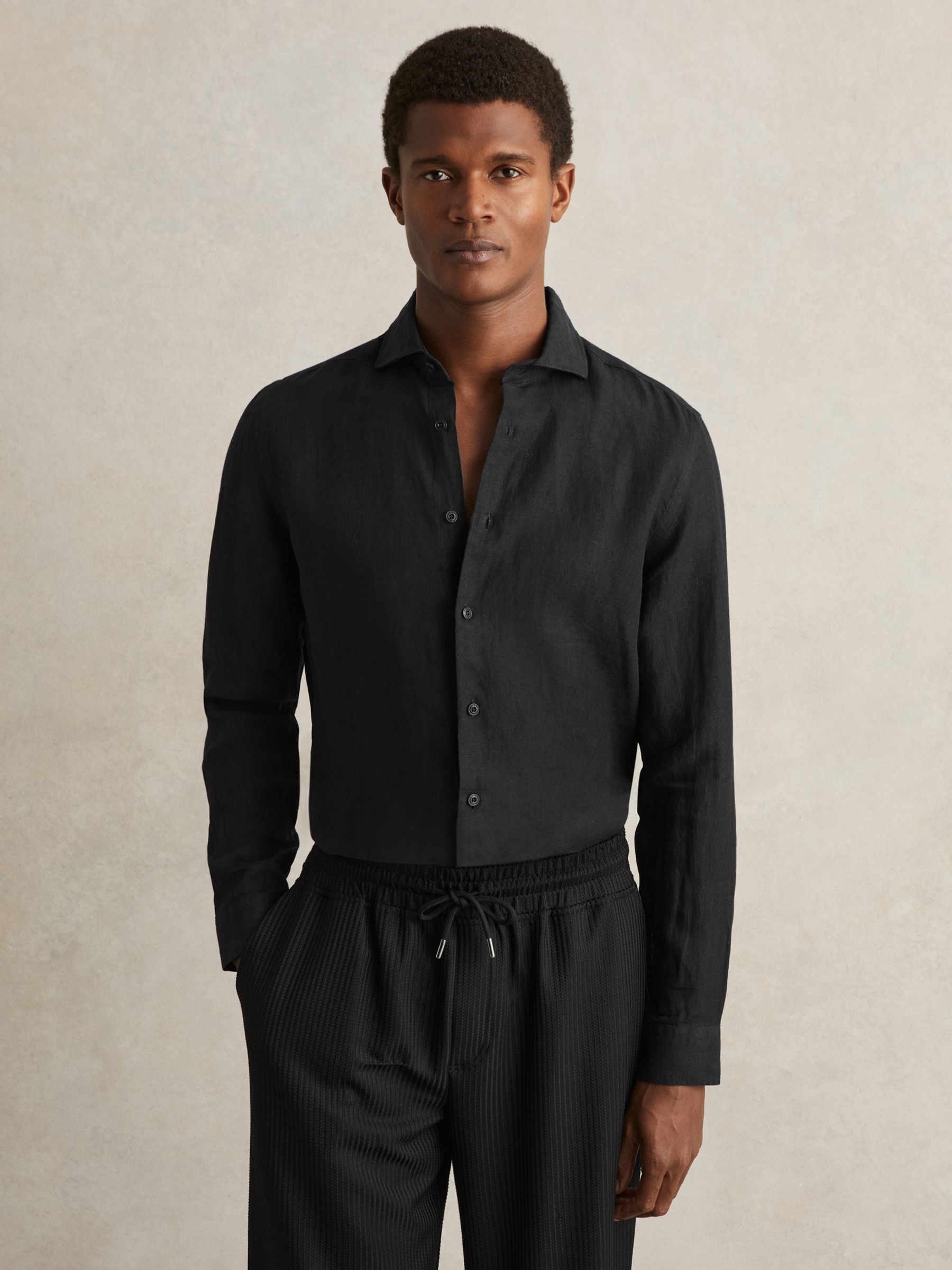 Linen Button-Through Shirt in Black