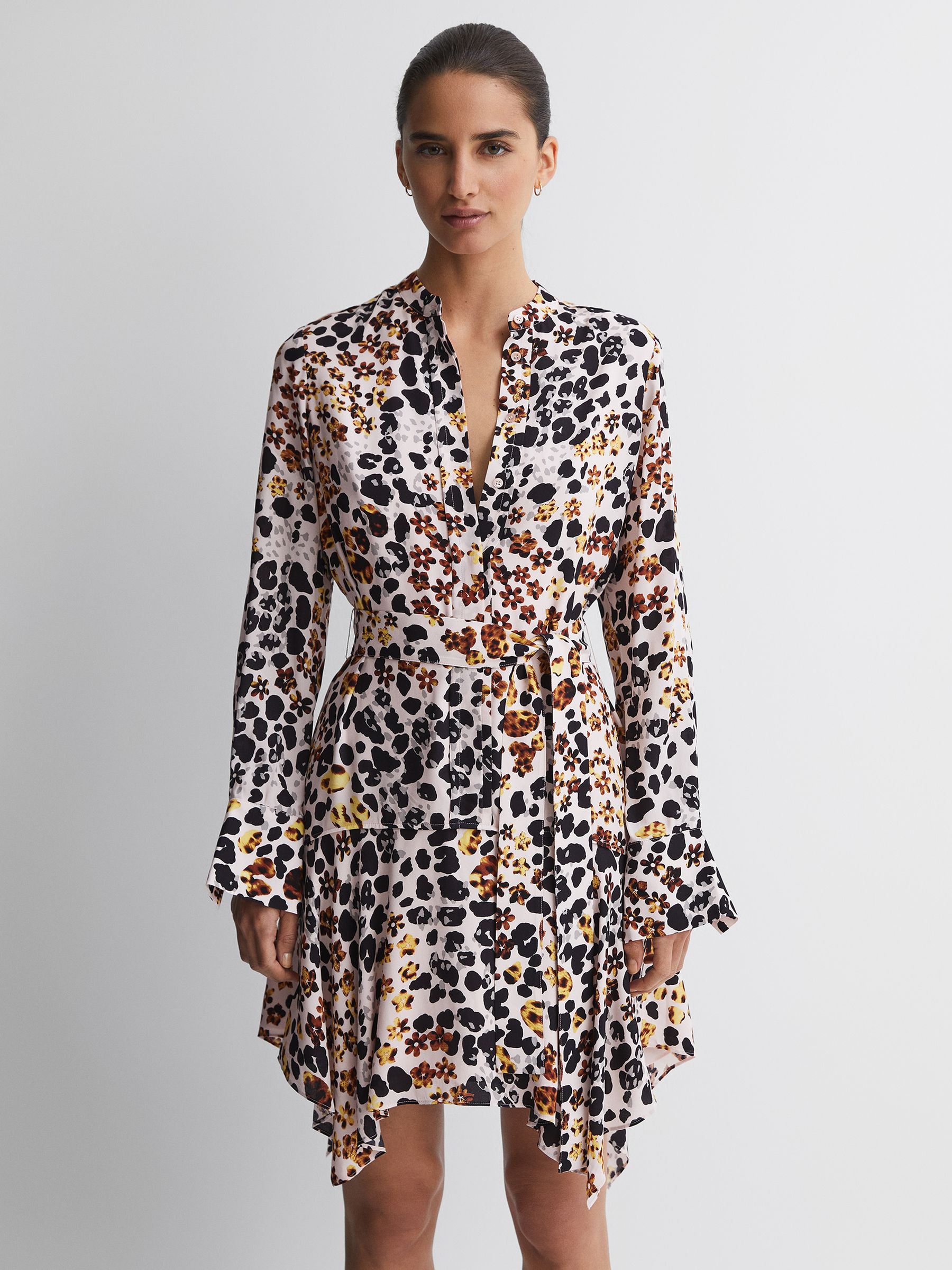 Animal Print Asymmetric Belted Dress in Nude/Black