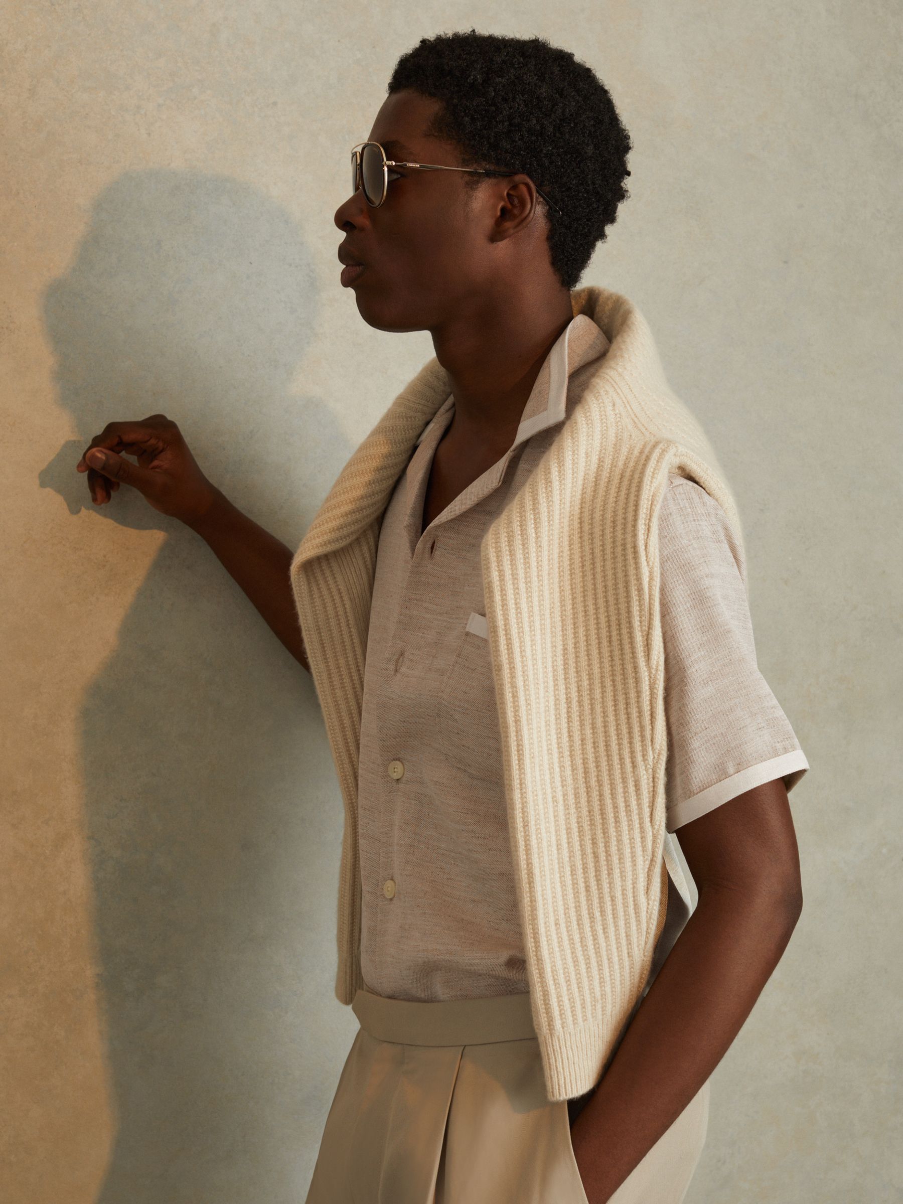 Contrast Trim Cuban Collar Shirt in Oatmeal/White