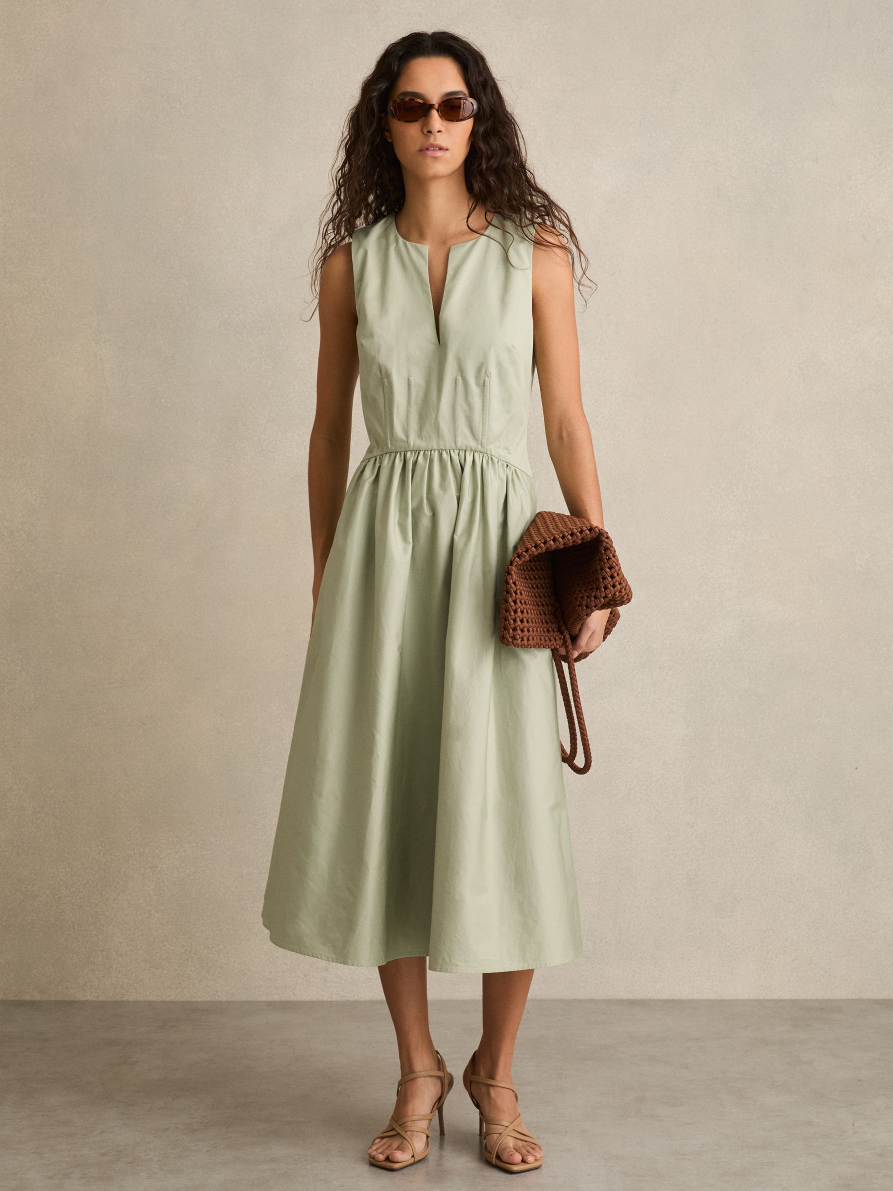 100% Cotton Corset Midi Dress in Sage