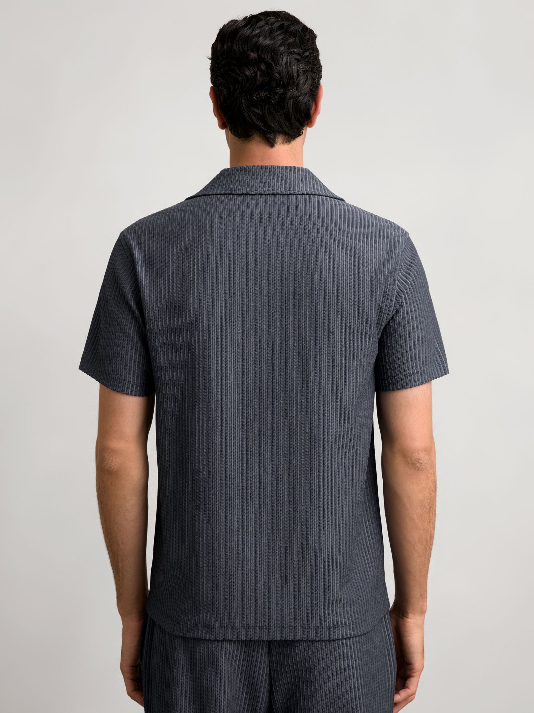 Textured-Stripe Cuban-Collar Shirt in Petrol Blue