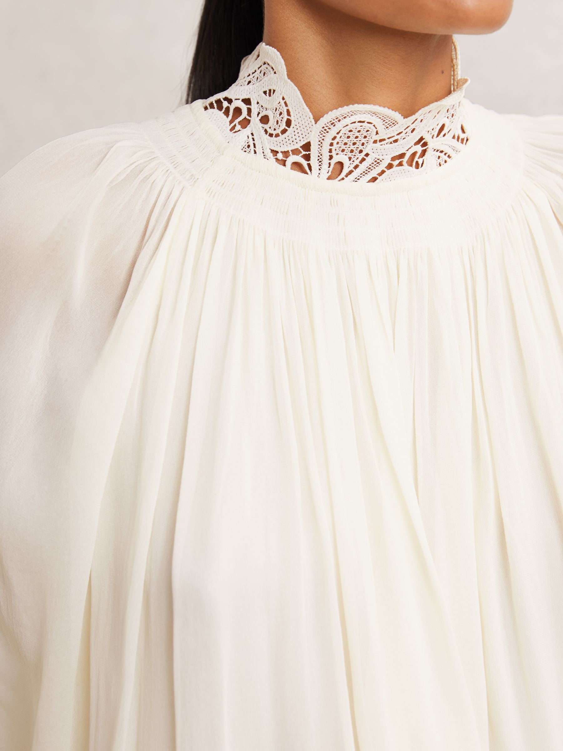 Lace-Trim Draped Chiffon Top in Cream