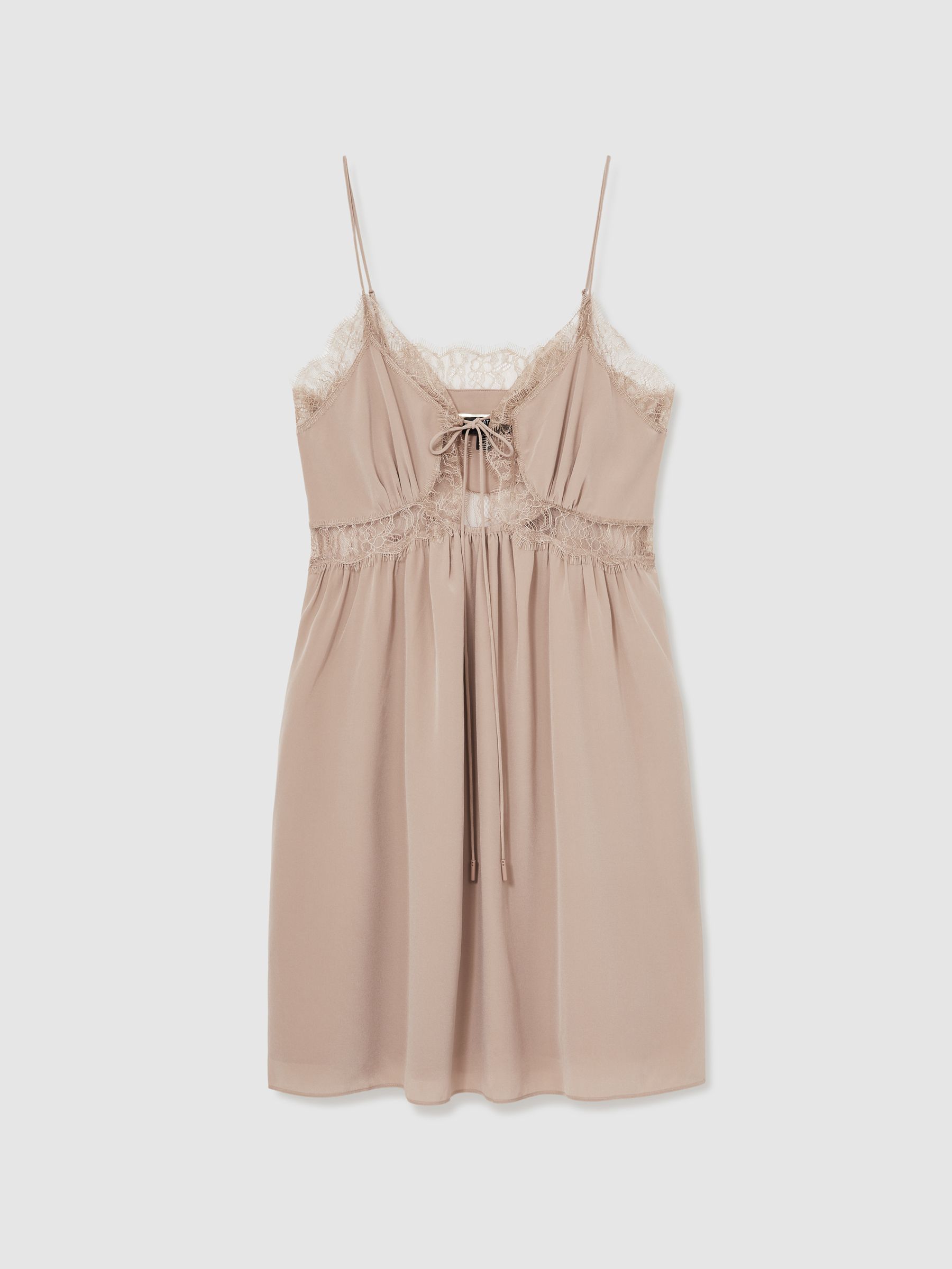 Atelier Silk Lace-Trim Babydoll Dress in Taupe