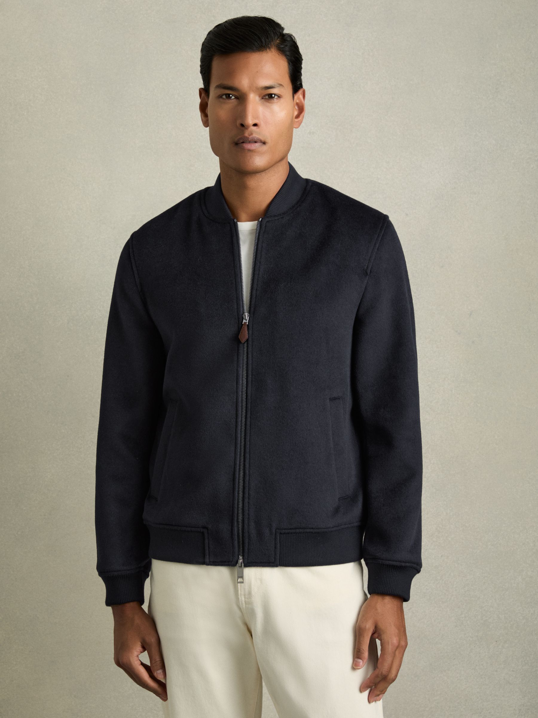 Brushed Wool-Blend Bomber Jacket in Navy