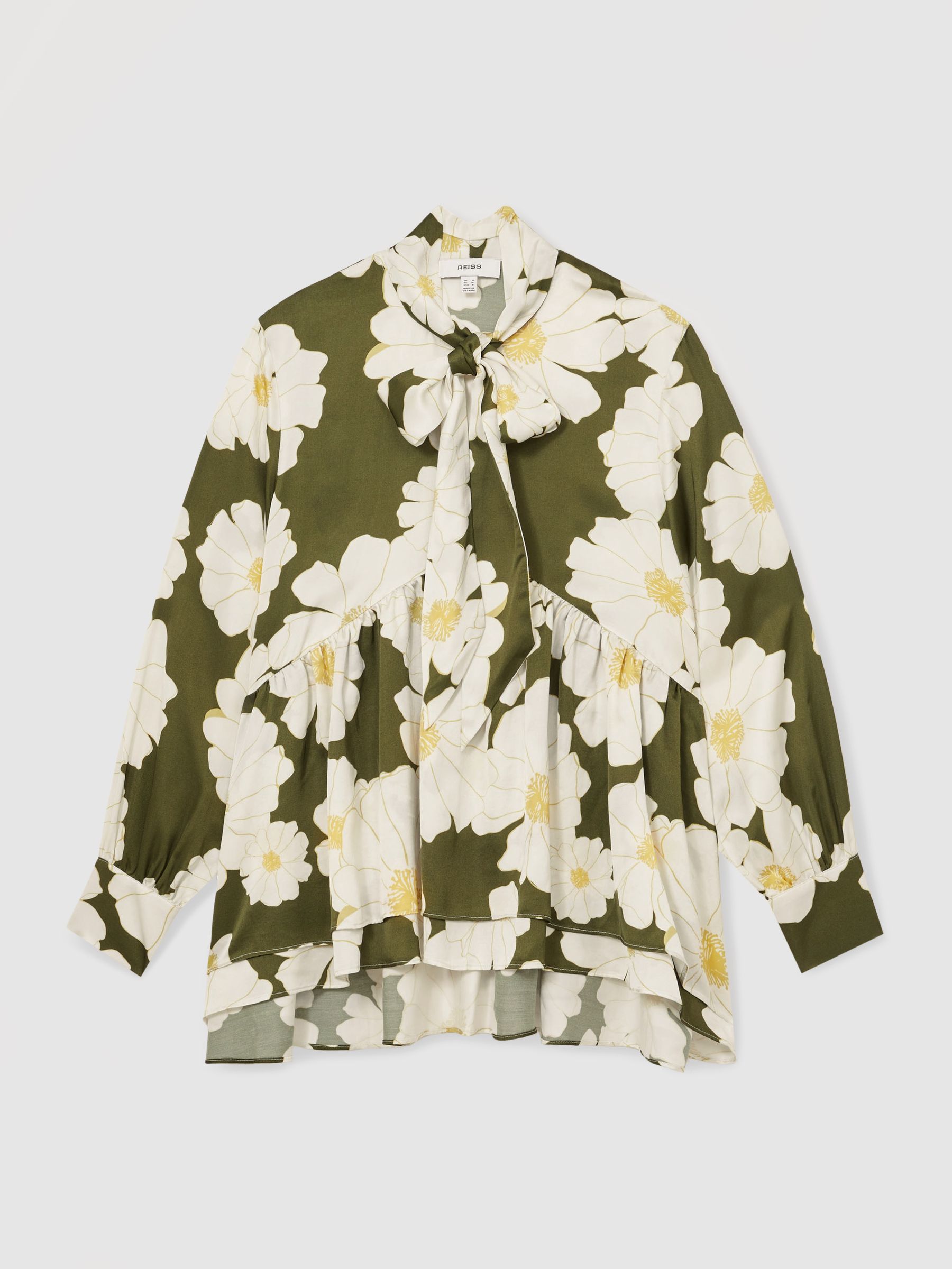 Floral Tie-Neck Swing Blouse in Ivory/Green