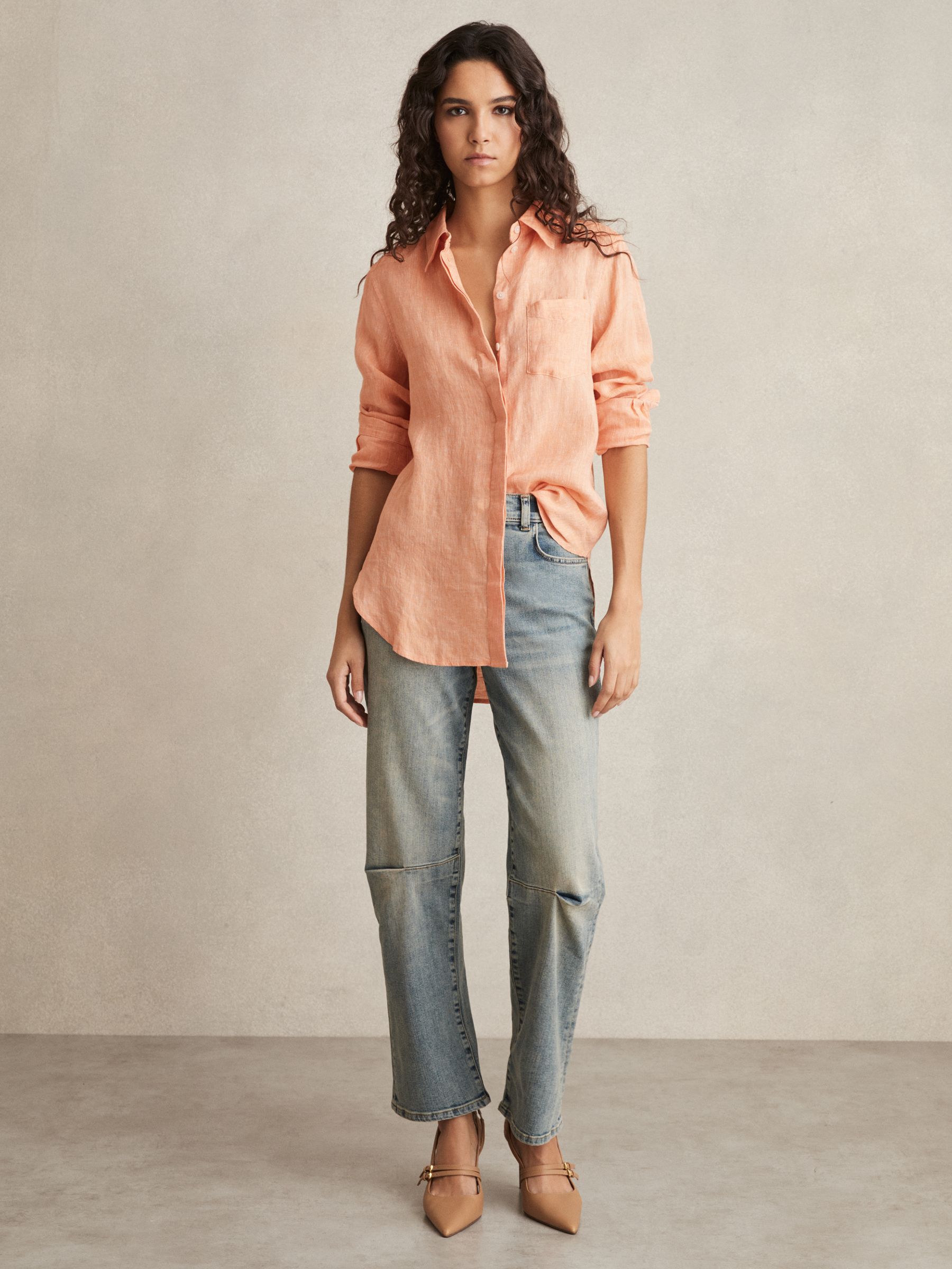Linen Button-Through Shirt in Orange